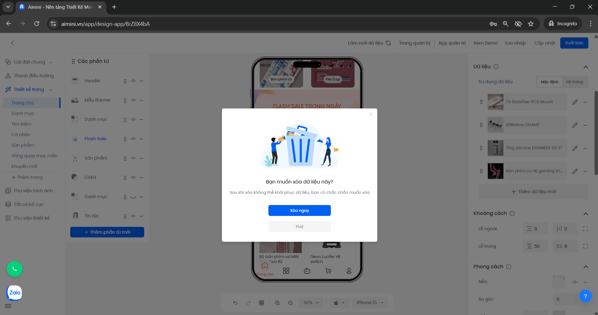Hộp xác nhận thao tác xóa sản phẩm khỏi FlashSale