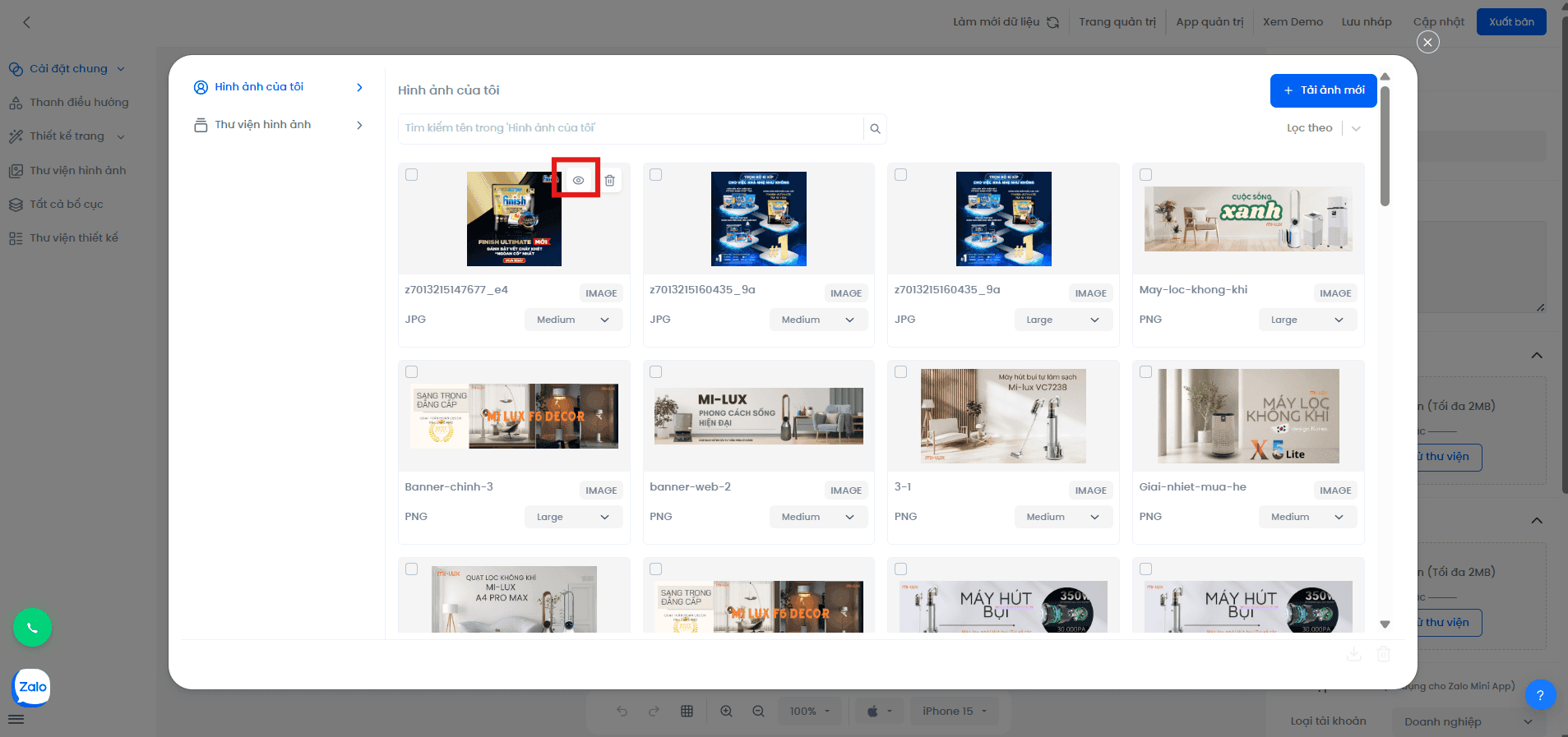 Xem hình ảnh Nút xem chi tiết hình ảnh trong thư viện
