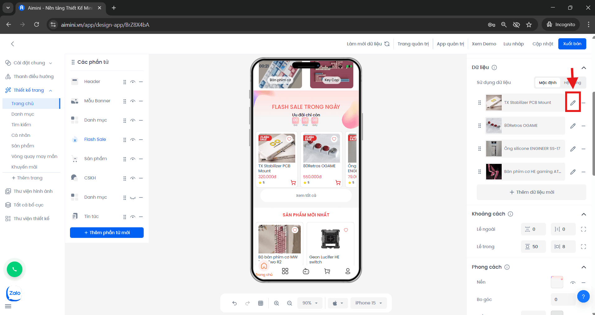 Nút chỉnh sửa FlashSale trong giao diện quản lý