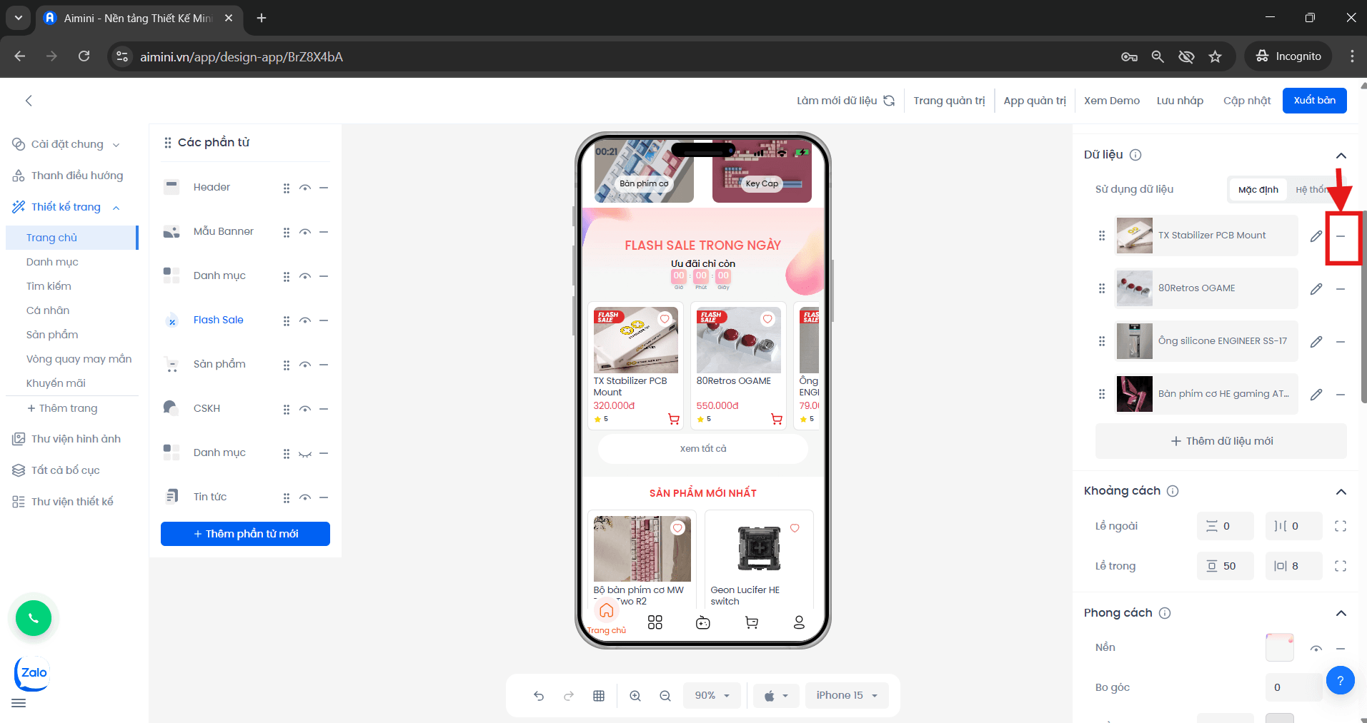 Nút xóa sản phẩm khỏi chương trình FlashSale trong giao diện quản lý