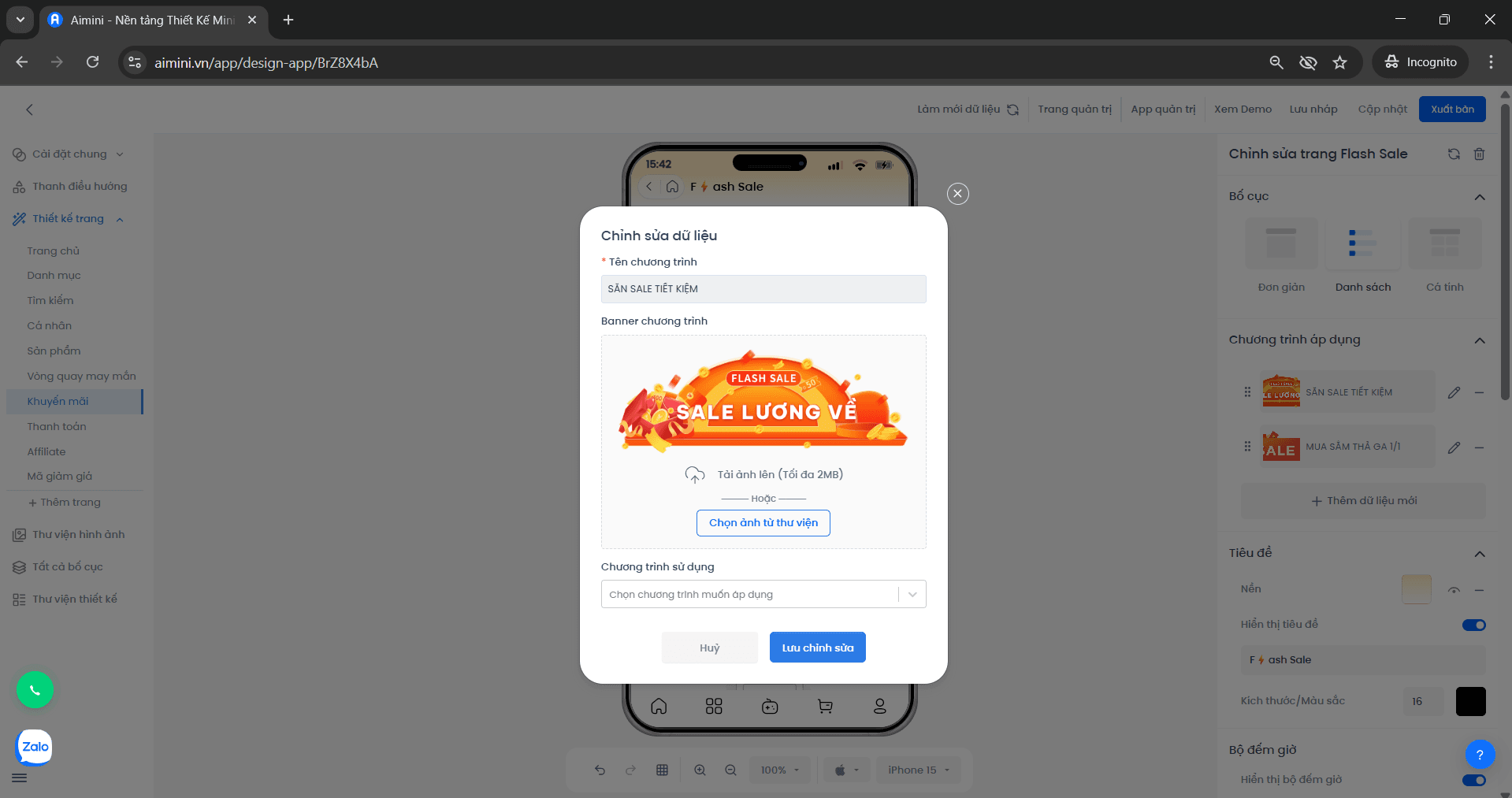Trang chỉnh sửa Flashsale Giao diện chỉnh sửa chương trình Flashsale