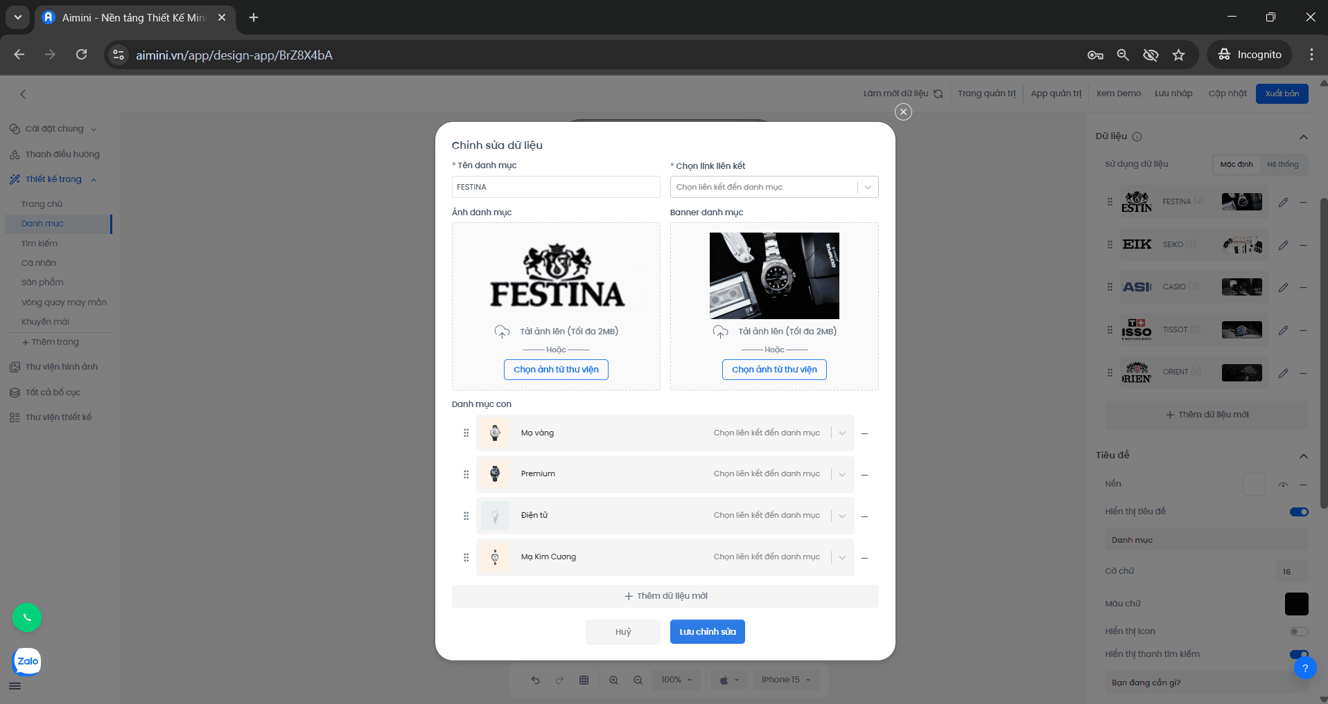 Trang chỉnh sửa danh mục Giao diện chỉnh sửa dữ liệu danh mục