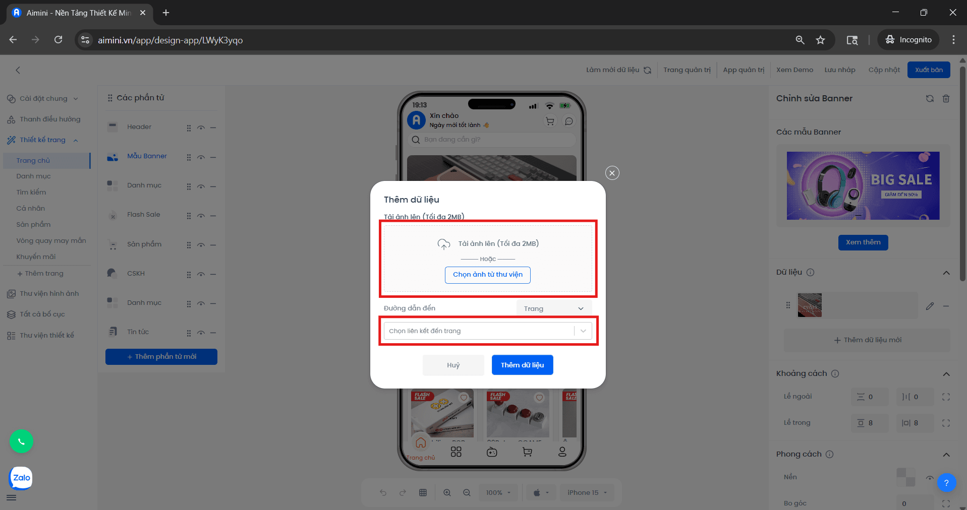 Giao diện chọn ảnh và đường dẫn trang đích cho banner
