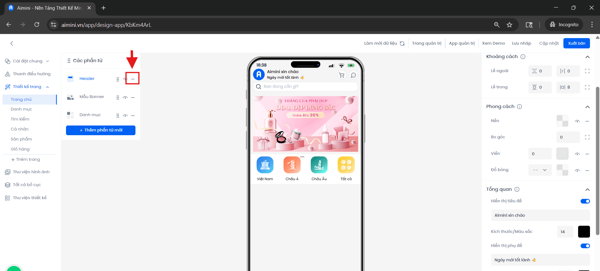 Nút xóa phần tử trong giao diện chỉnh sửa