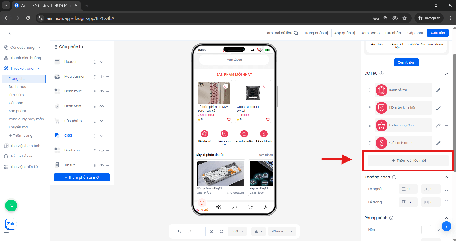 Nút thêm dữ liệu mới Nút thêm dữ liệu mới trong giao diện quản lý