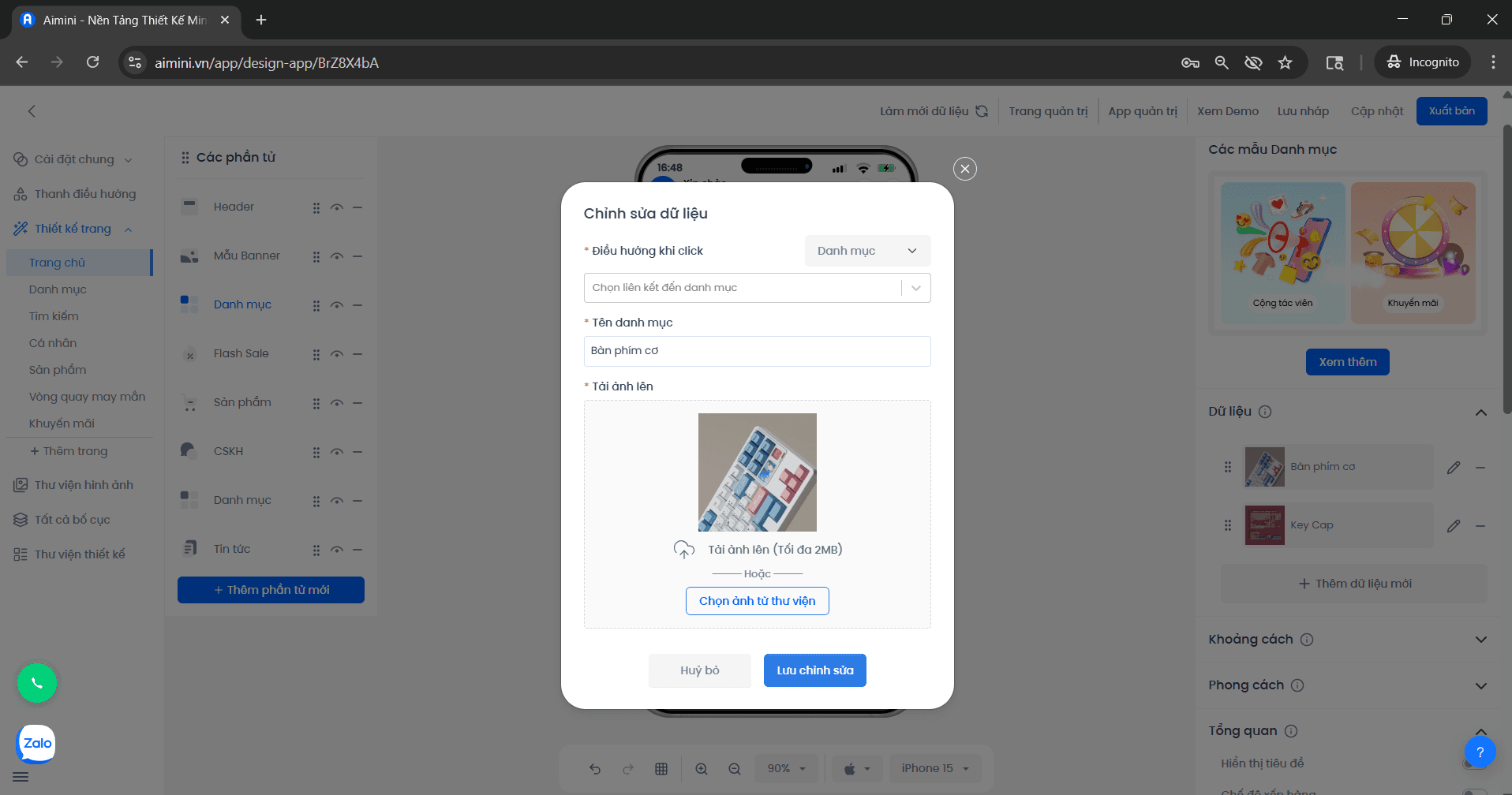 Giao diện chỉnh sửa danh mục và chọn ảnh