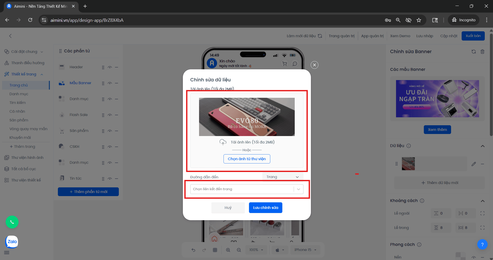 Giao diện chỉnh sửa ảnh và đường dẫn banner