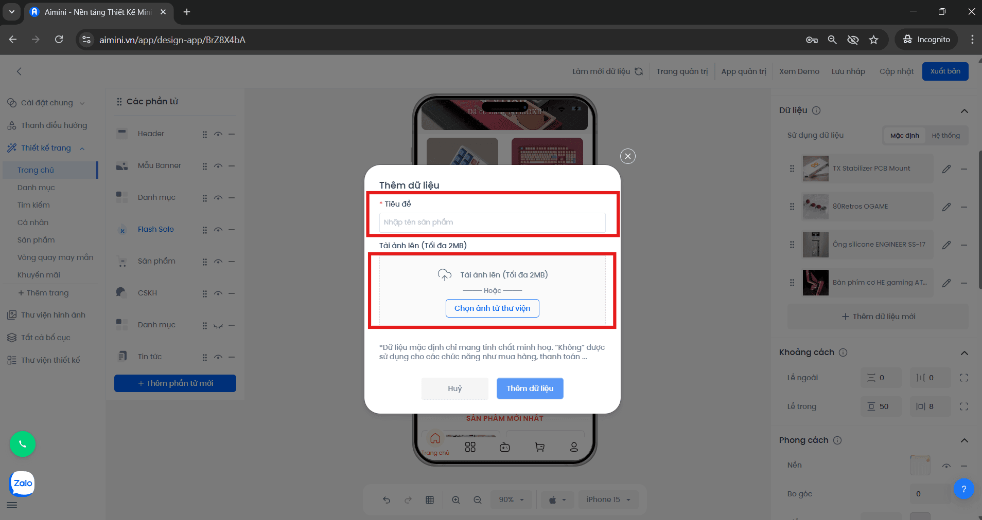 Giao diện thêm dữ liệu FlashSale và nhập tiêu đề