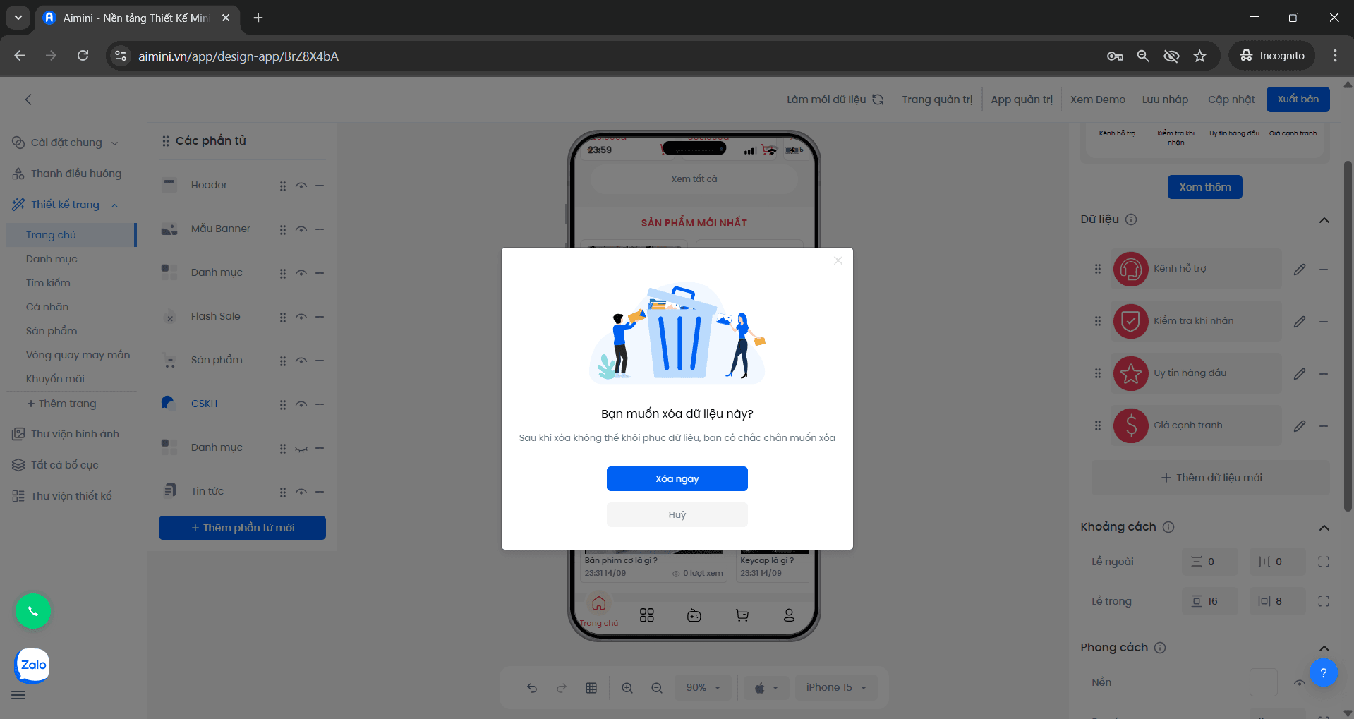 Xác nhận xóa dữ liệu Hộp xác nhận thao tác xóa dữ liệu