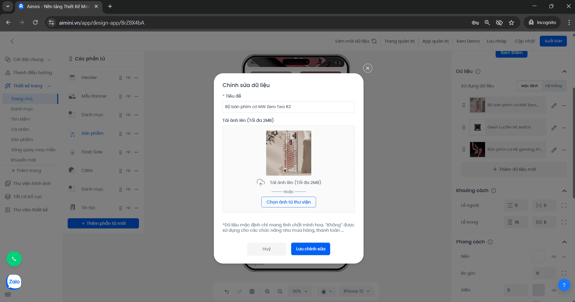Giao diện chỉnh sửa thông tin và hình ảnh sản phẩm