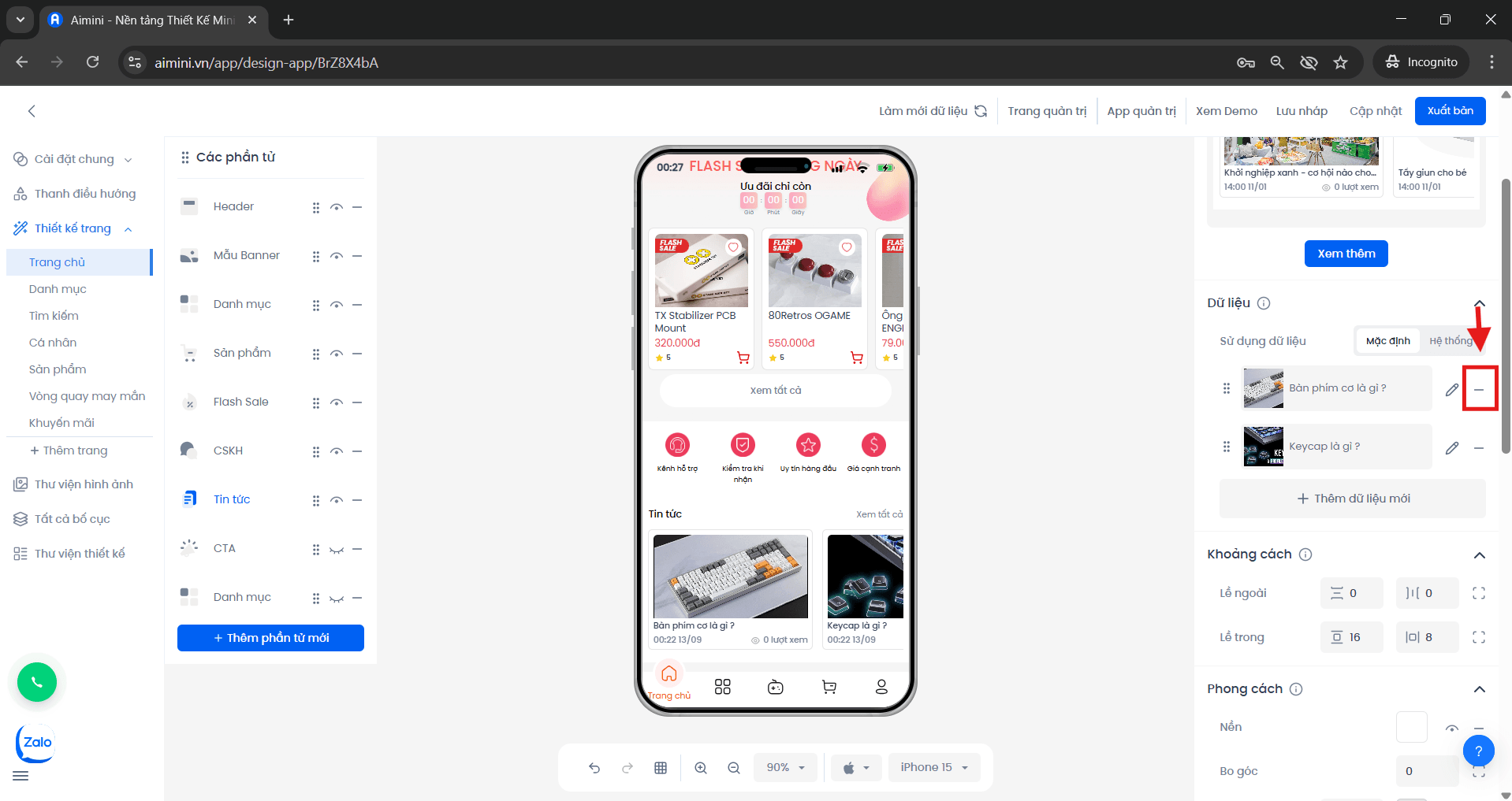 Nút xóa tin tức trong giao diện quản lý