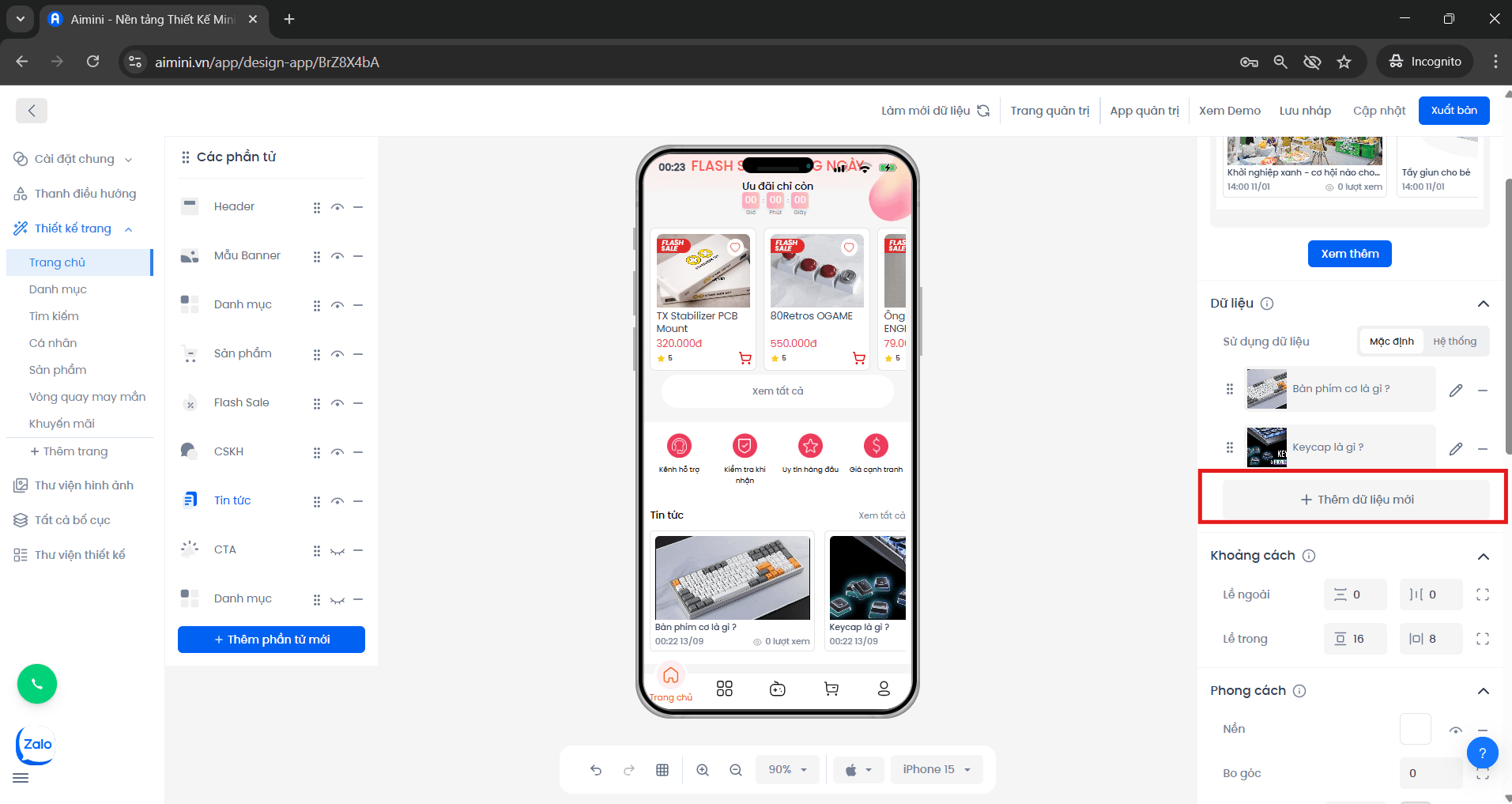 Nút thêm dữ liệu mới cho tin tức trong giao diện quản lý