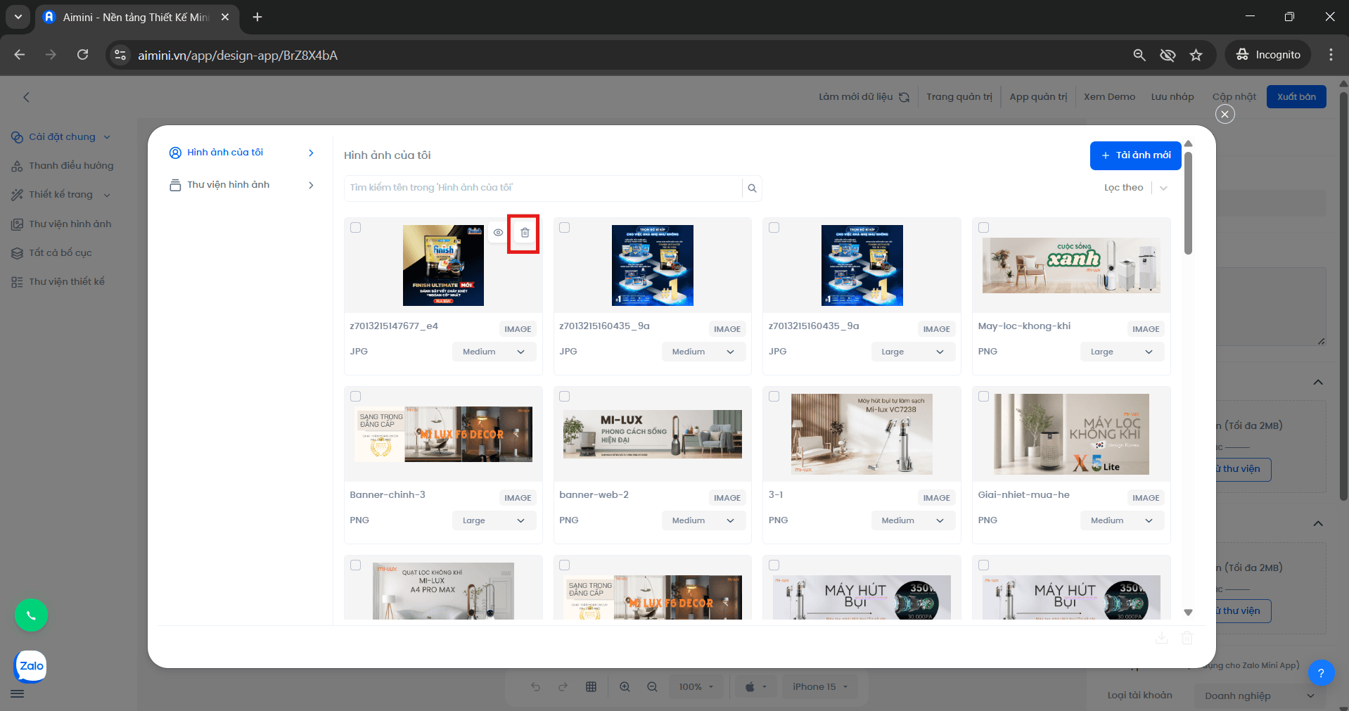 Xóa hình ảnh Nút xóa hình ảnh trong thư viện
