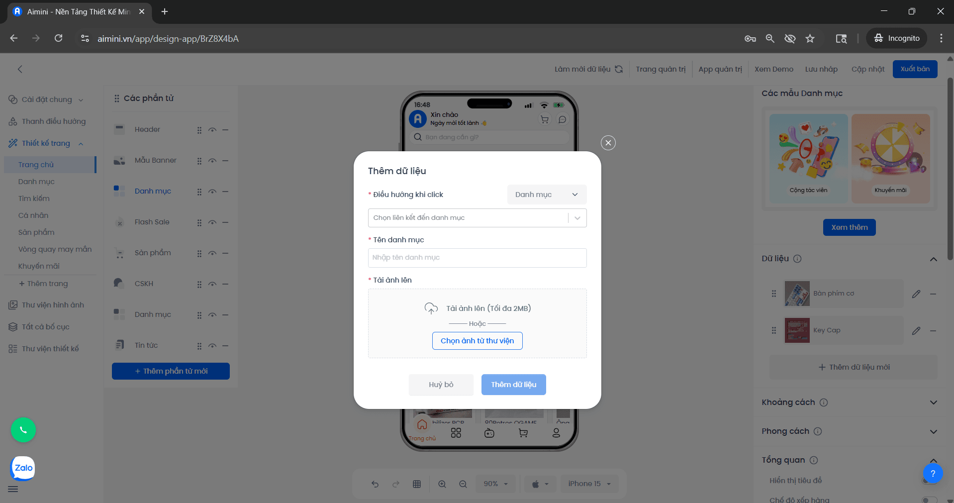 Giao diện thêm dữ liệu và chọn ảnh danh mục