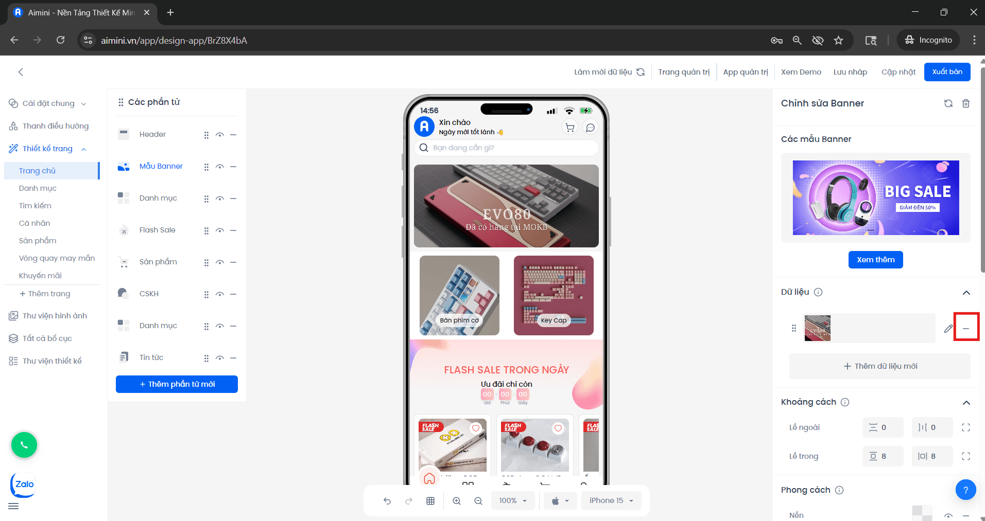 Nút xóa dữ liệu banner trong giao diện quản lý