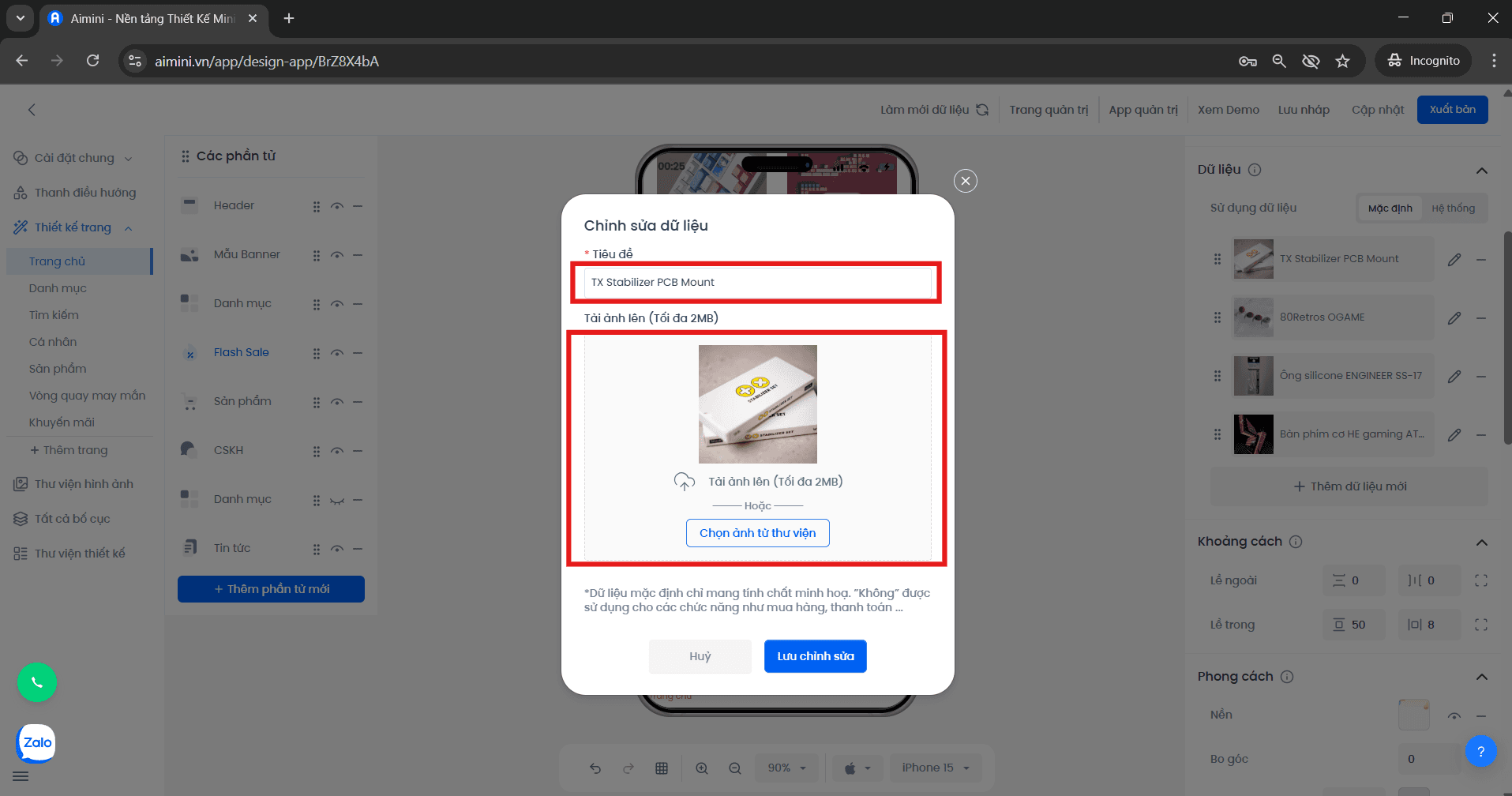 Giao diện chỉnh sửa thông tin và hình ảnh FlashSale