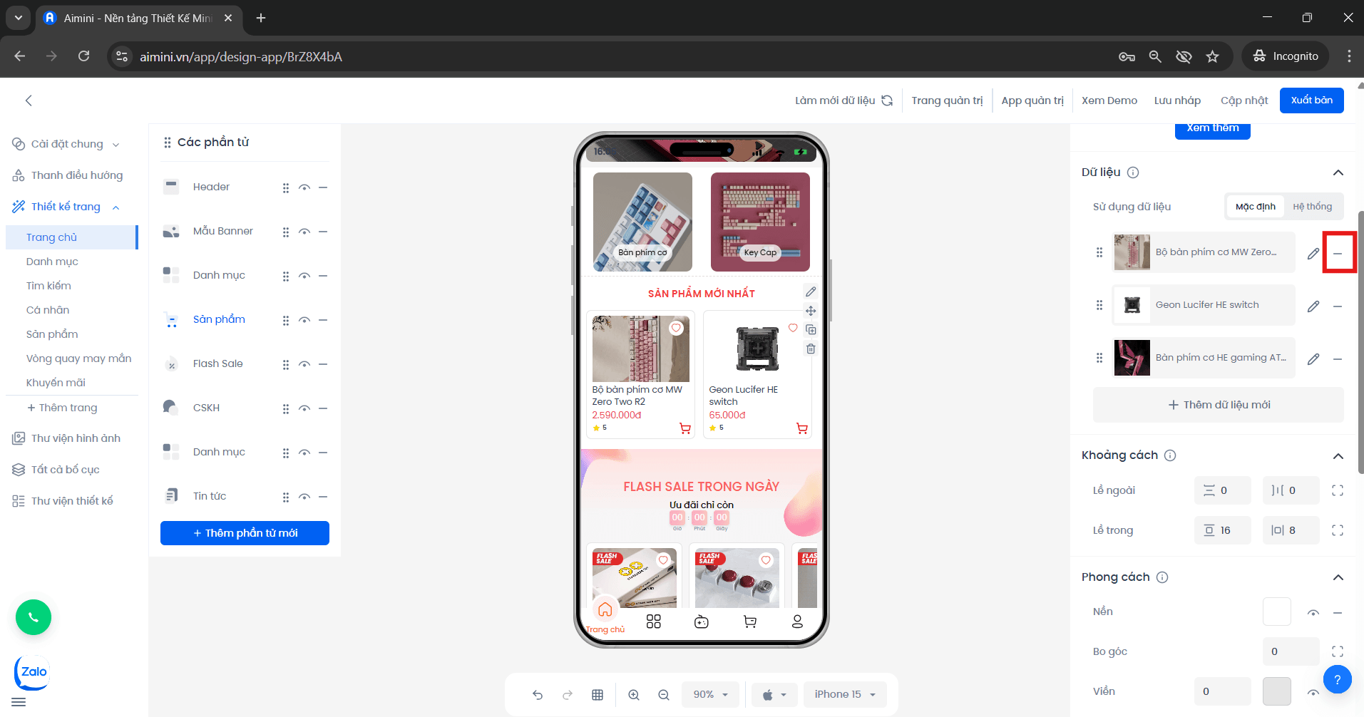 Nút xóa sản phẩm trong giao diện quản lý