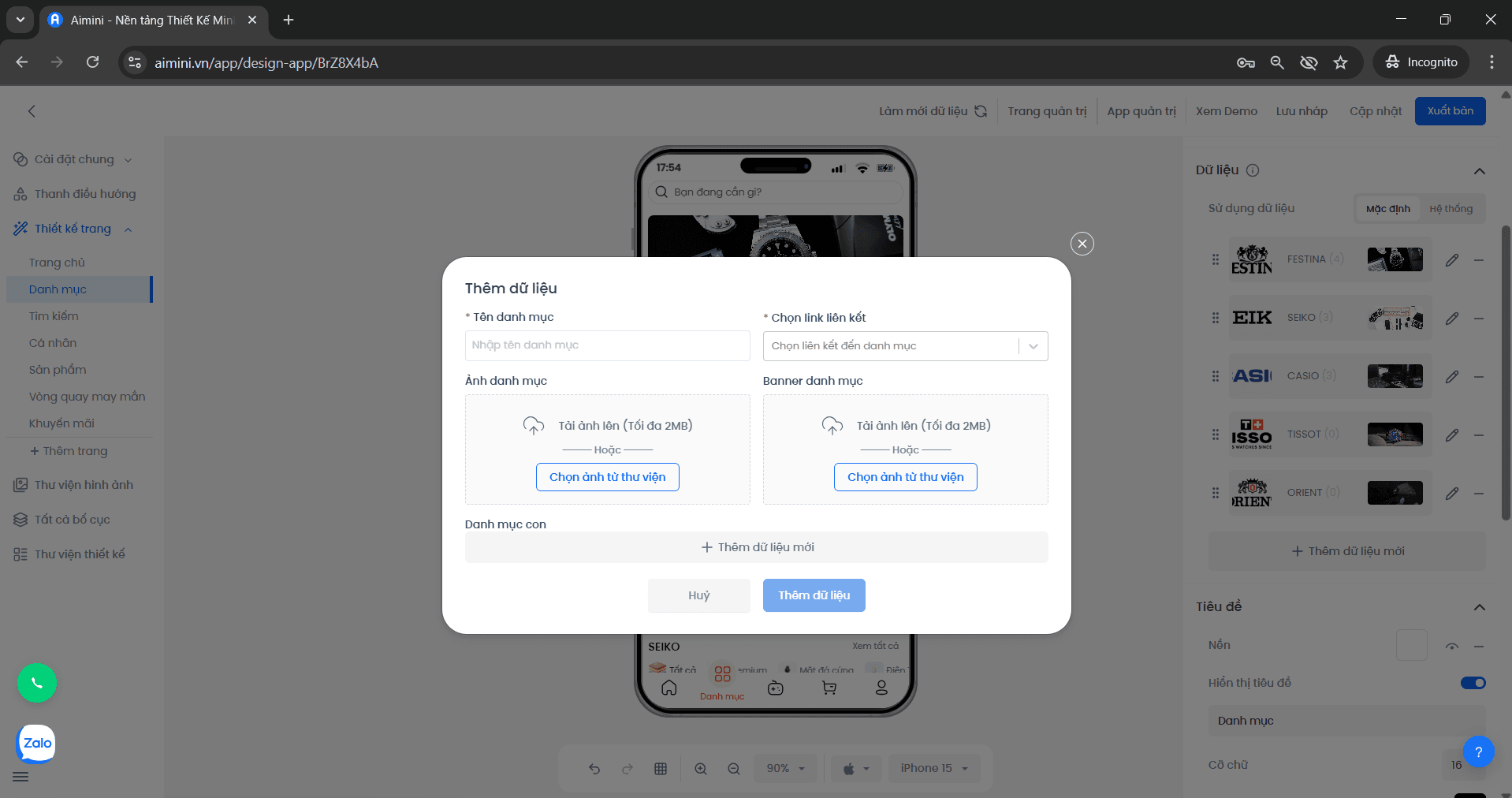Thêm dữ liệu danh mục Giao diện nhập thông tin và chọn ảnh cho danh mục