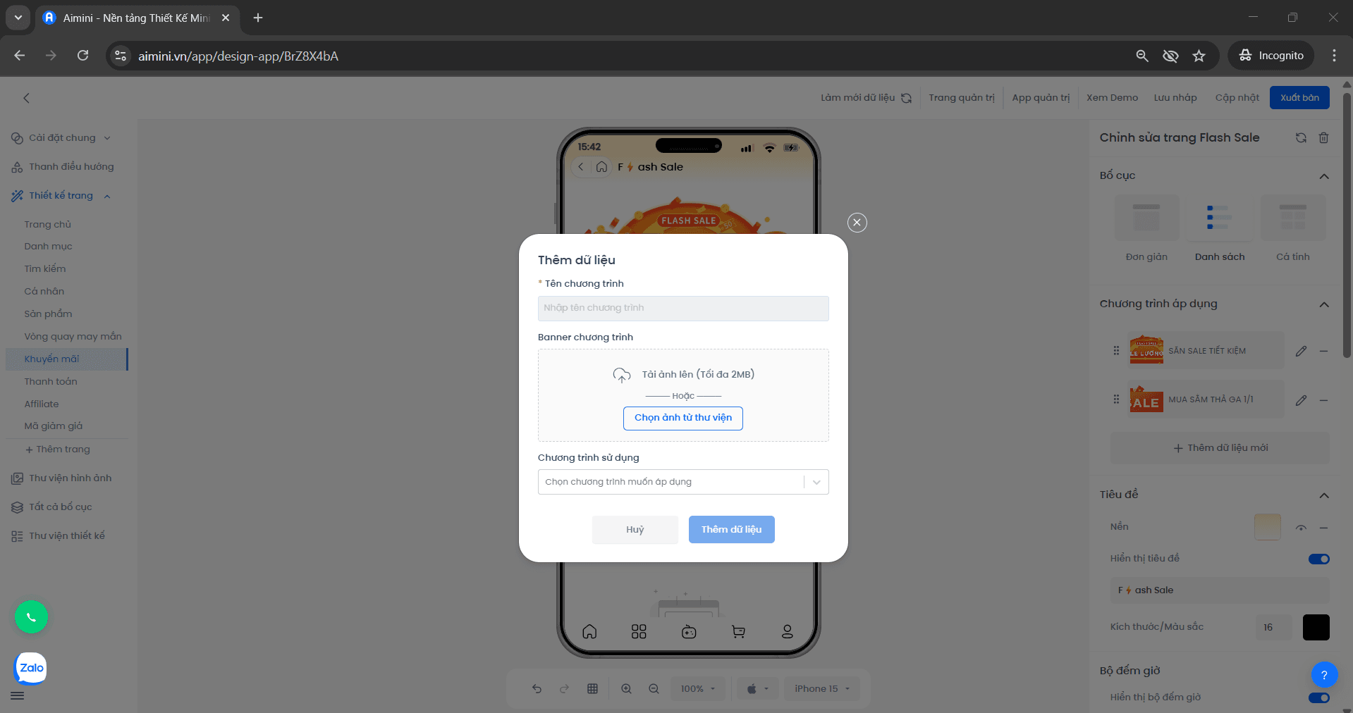 Thêm dữ liệu Flashsale Giao diện thêm dữ liệu Flashsale