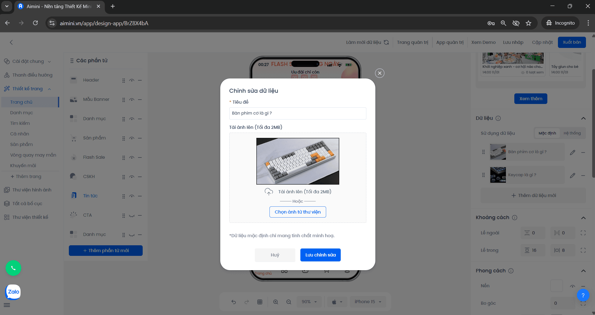 Giao diện chỉnh sửa tin tức và thay đổi hình ảnh minh họa