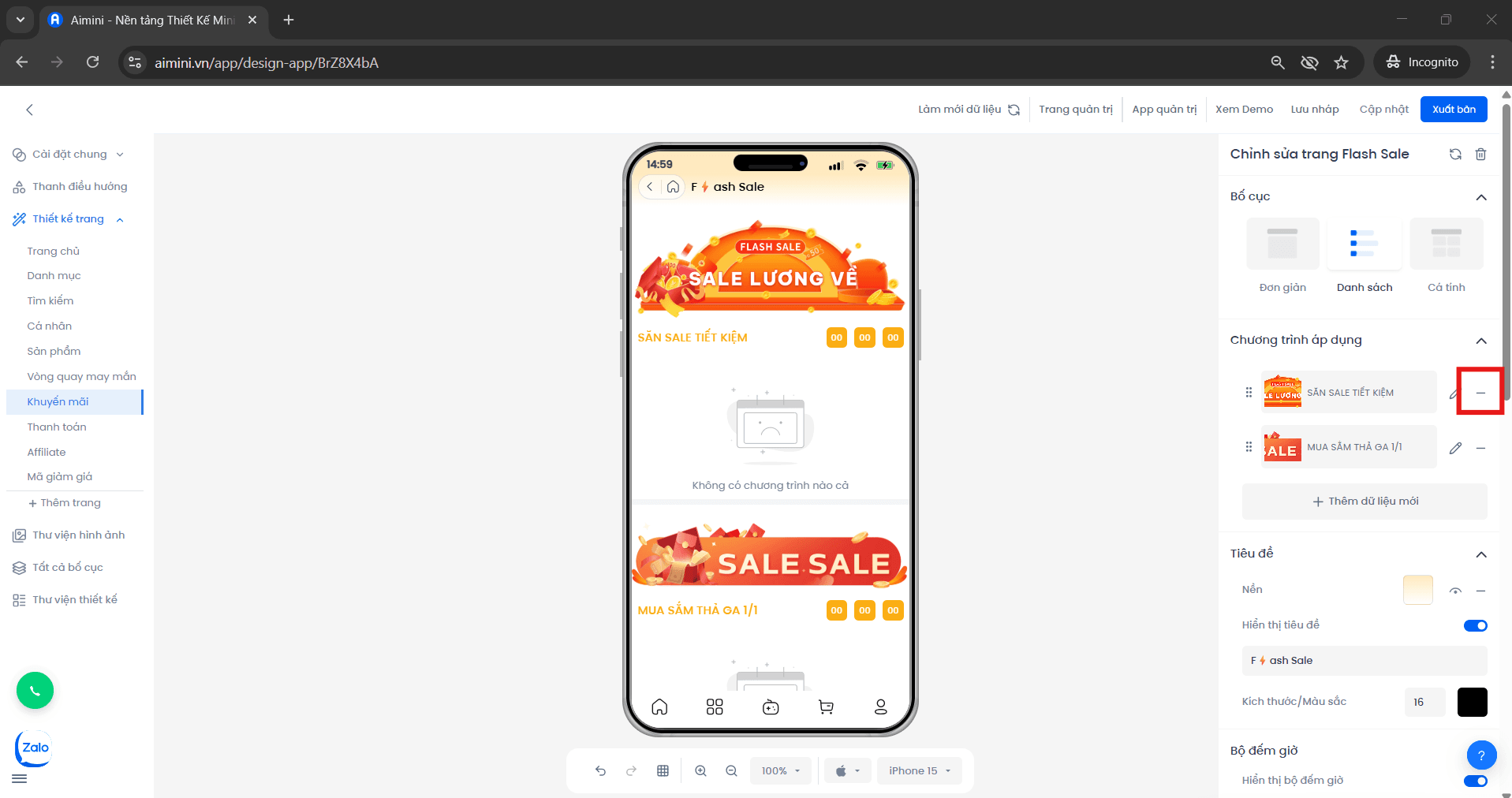 Nút xóa Flashsale Nút xóa chương trình Flashsale trong giao diện quản lý