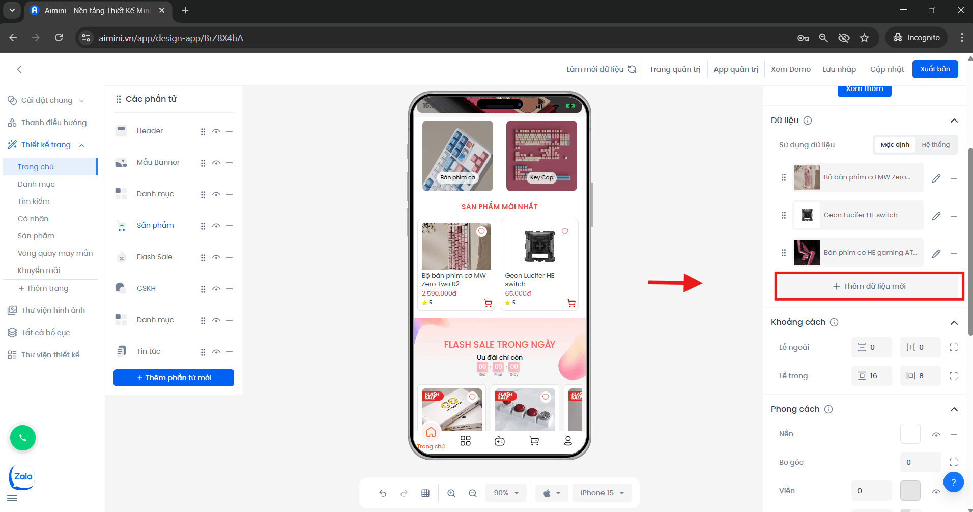 Nút thêm dữ liệu mới cho sản phẩm trong giao diện quản lý