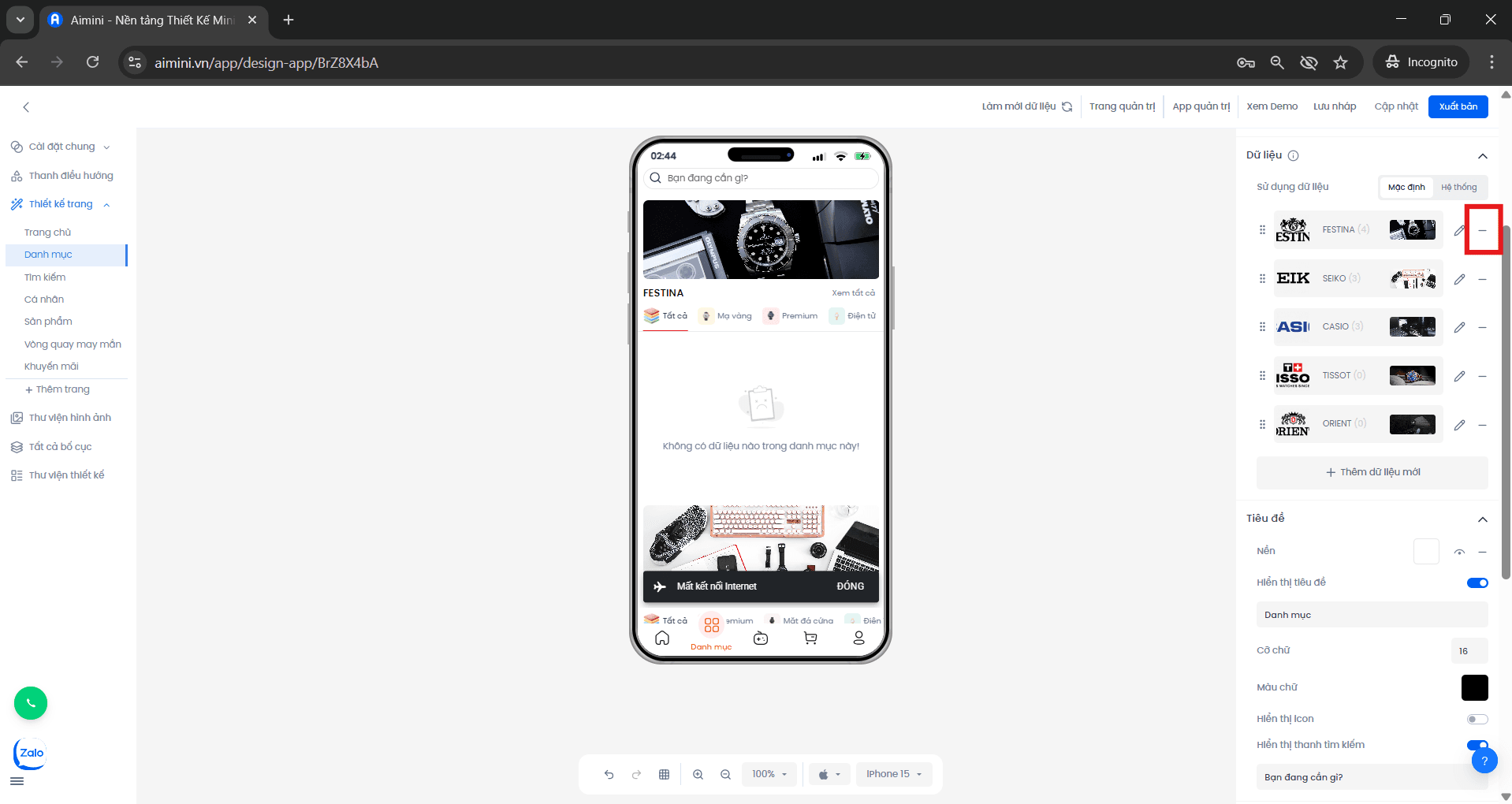 Nút xóa danh mục Nút xóa danh mục trong giao diện quản lý