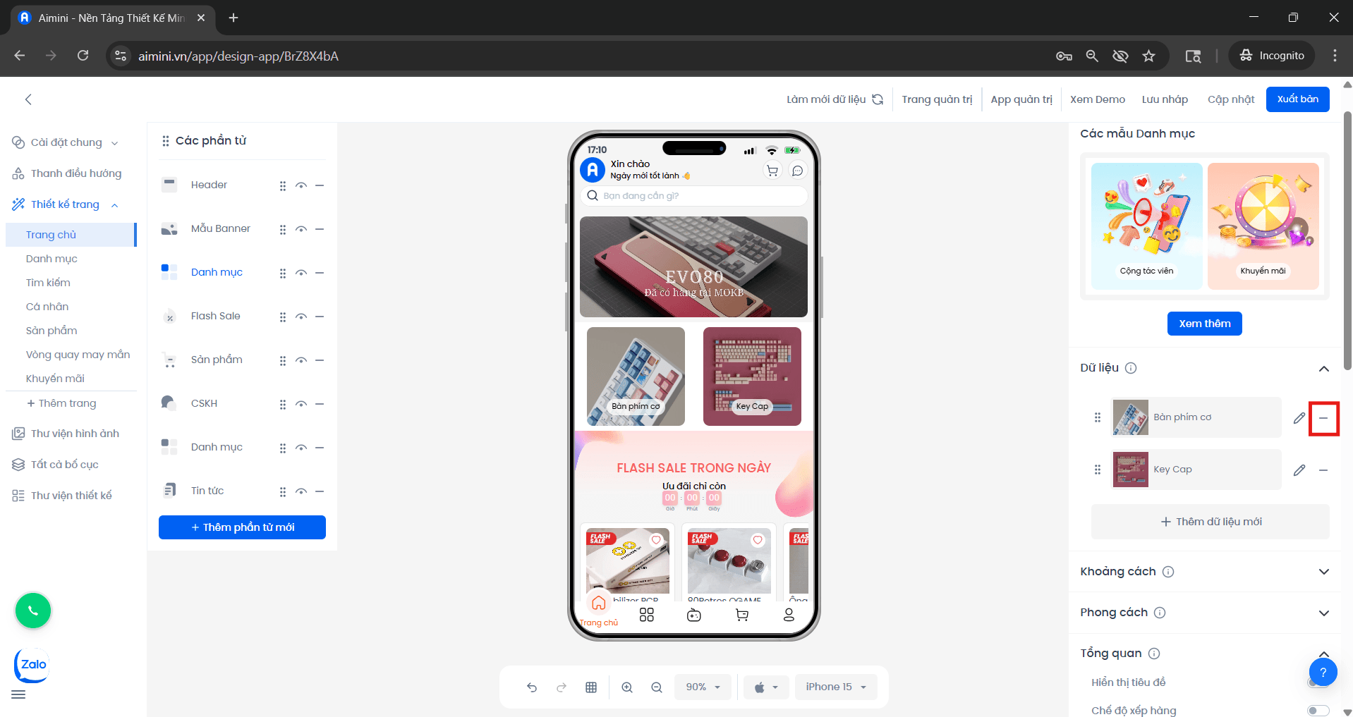 Nút xóa thẻ trong danh mục