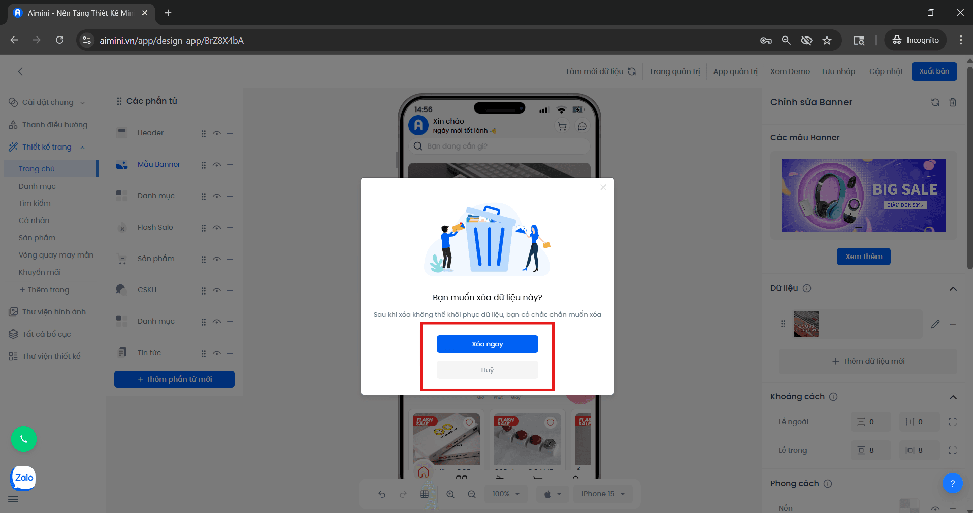 Hộp xác nhận xóa dữ liệu banner