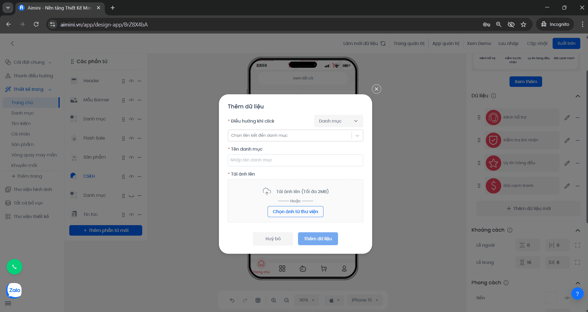 Thêm dữ liệu mới Giao diện thêm dữ liệu và chọn đường dẫn trang đích