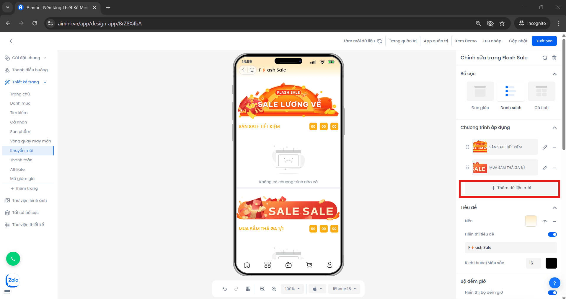 Nút thêm dữ liệu Flashsale Nút thêm dữ liệu mới trong giao diện Flashsale