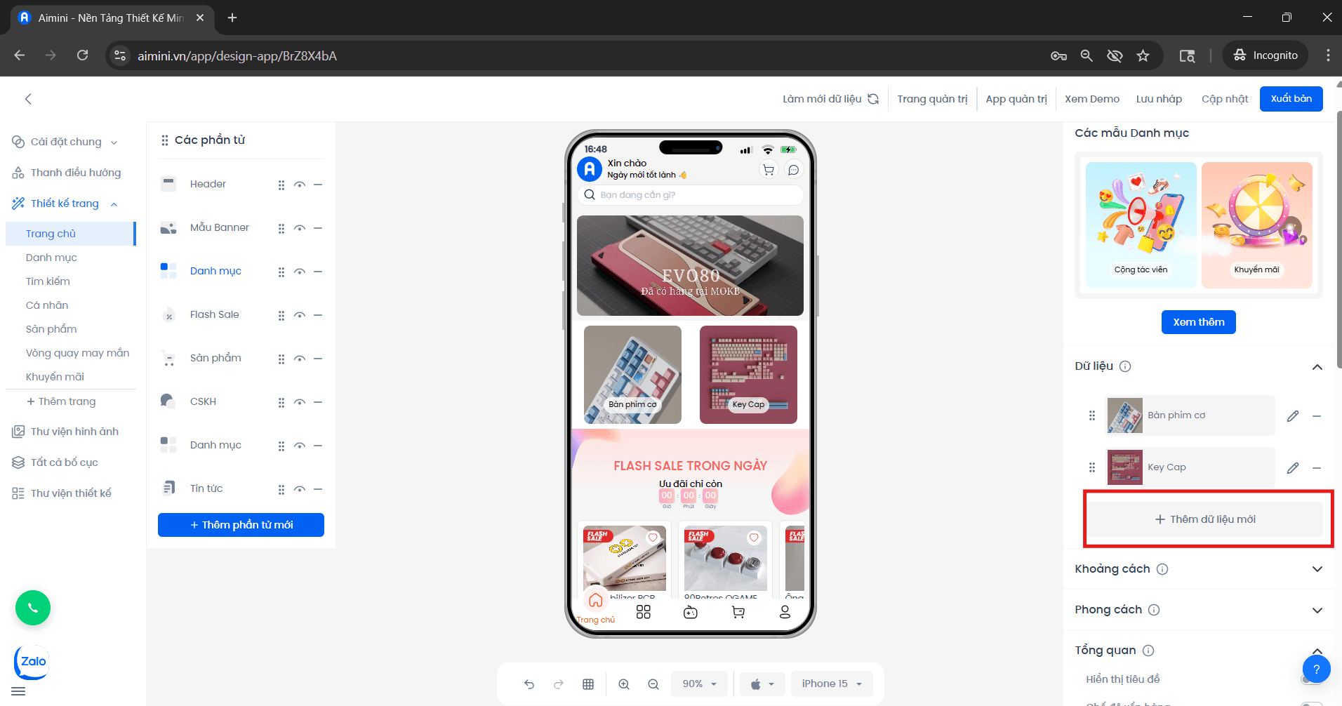 Nút thêm dữ liệu danh mục trong giao diện quản lý