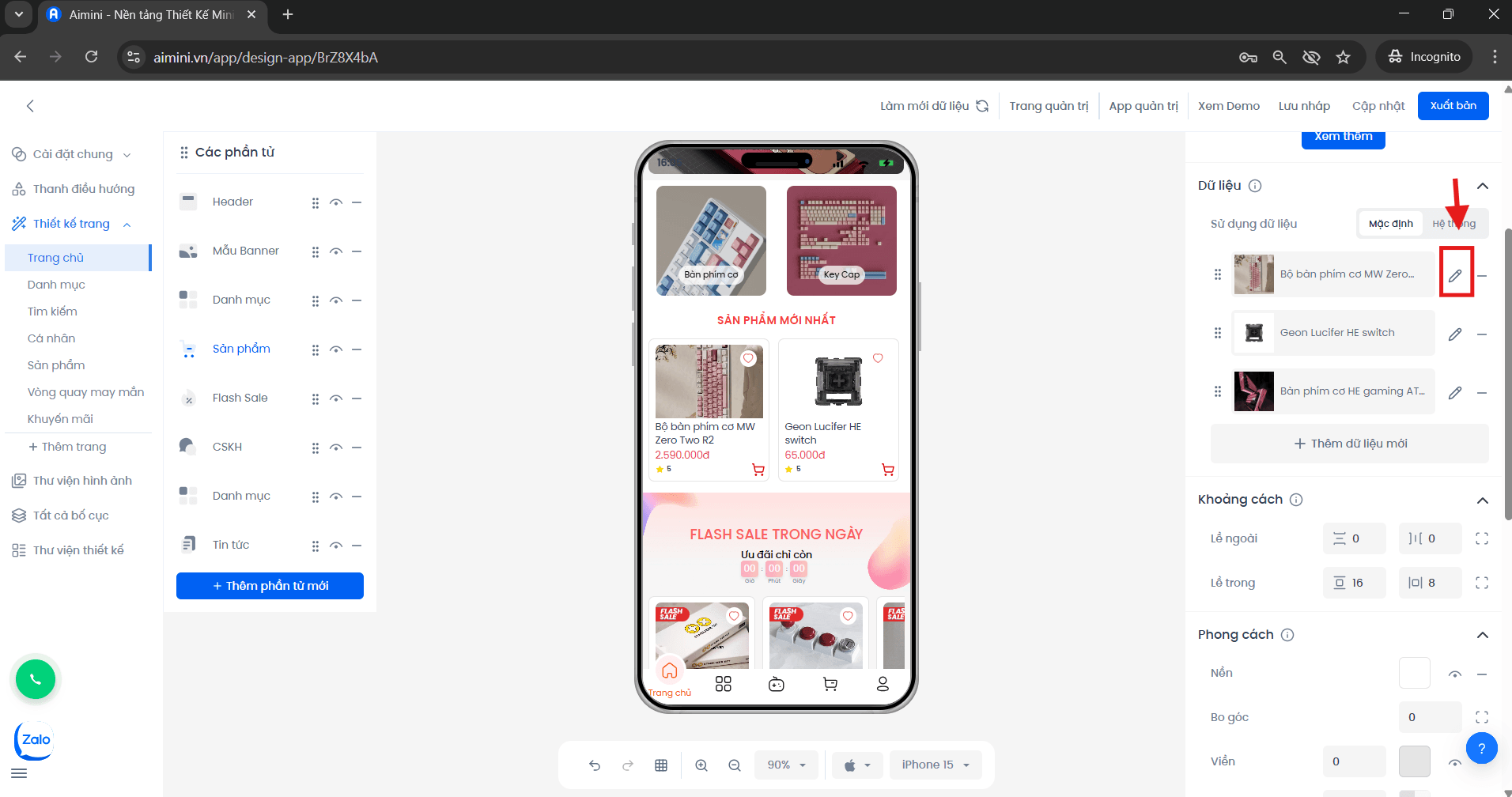 Nút chỉnh sửa sản phẩm trong giao diện quản lý