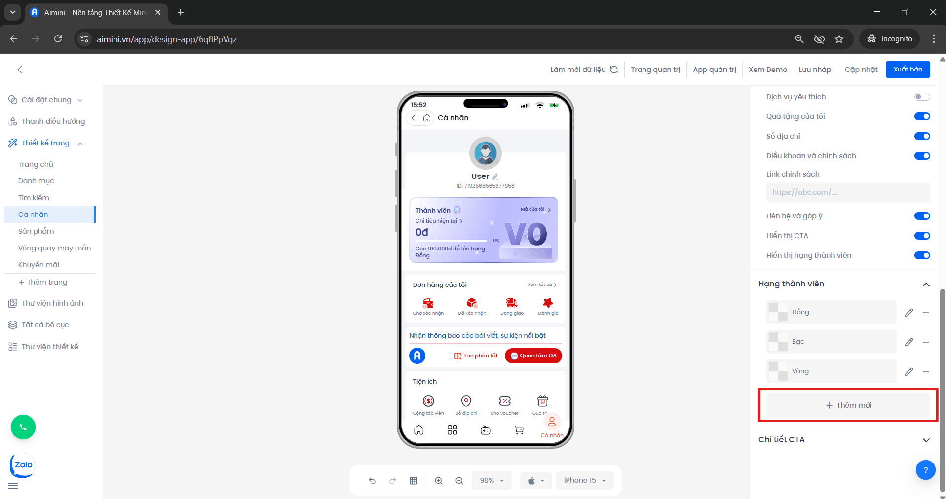 Nút thêm mới Nút thêm mới hạng thành viên trong giao diện Loyalty