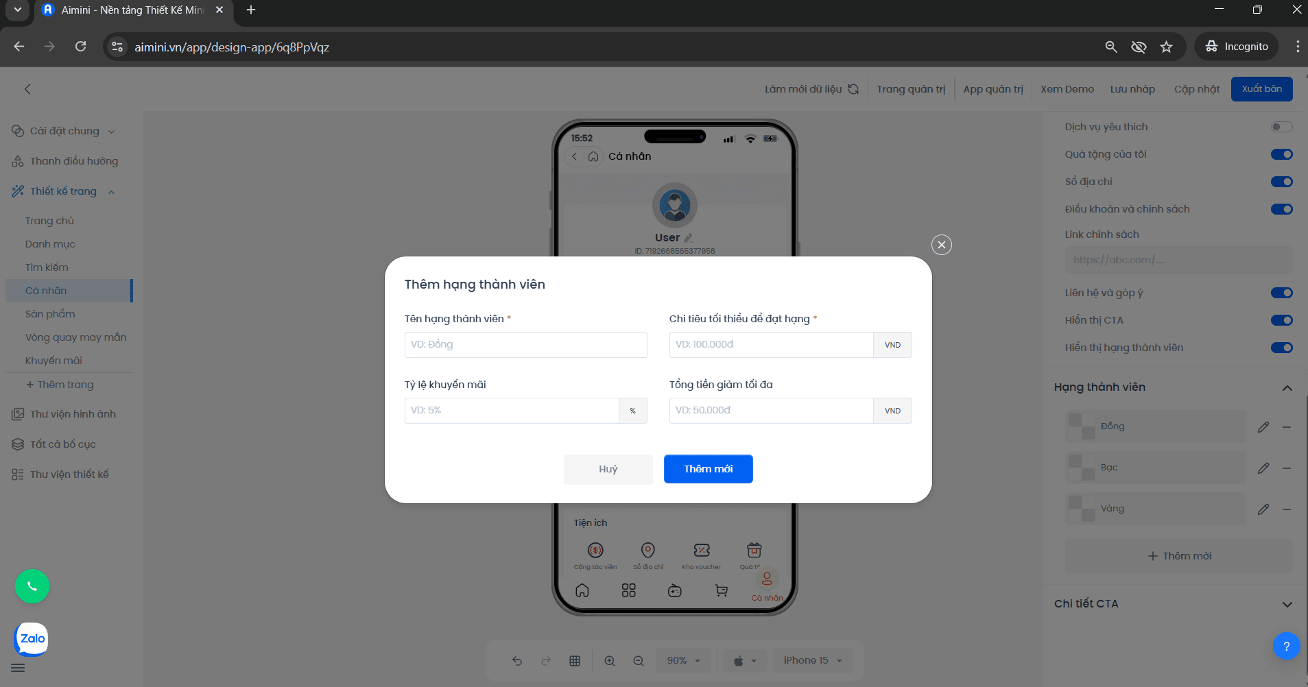 Thêm dữ liệu hạng thành viên Giao diện nhập thông tin hạng thành viên mới