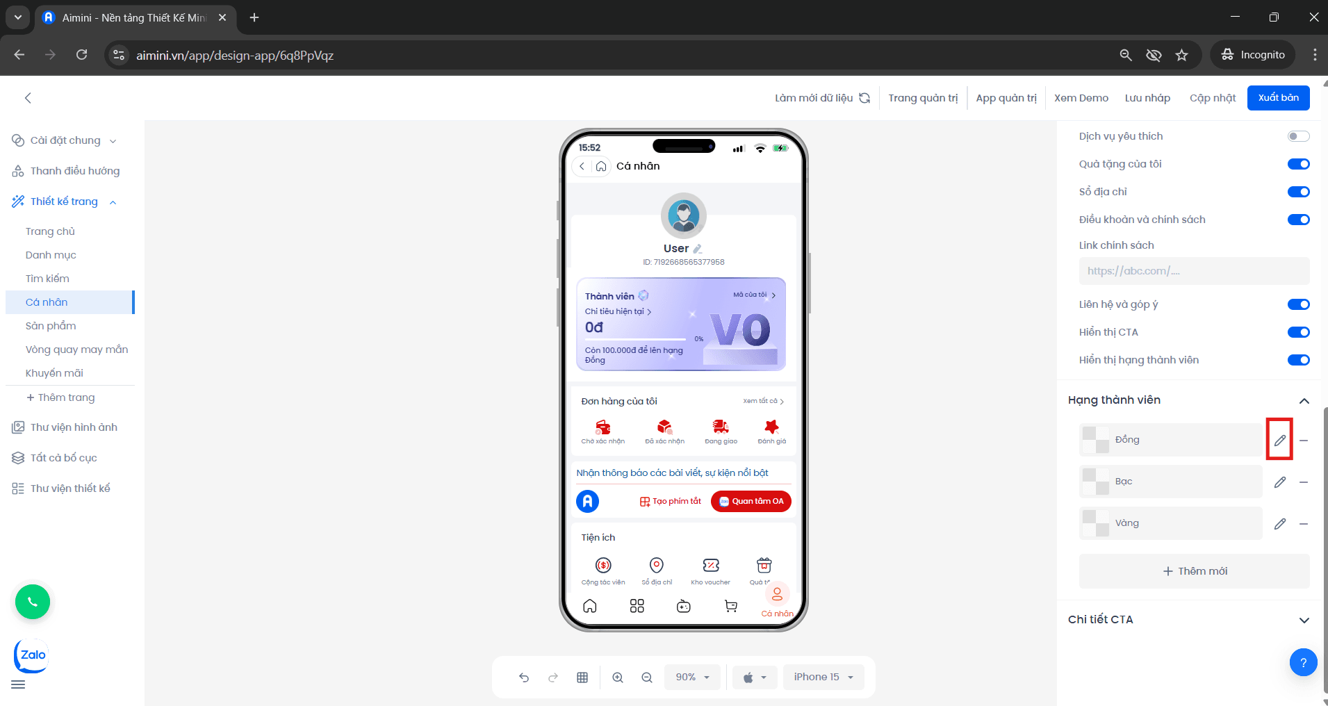 Nút chỉnh sửa Nút chỉnh sửa hạng thành viên trong giao diện Loyalty