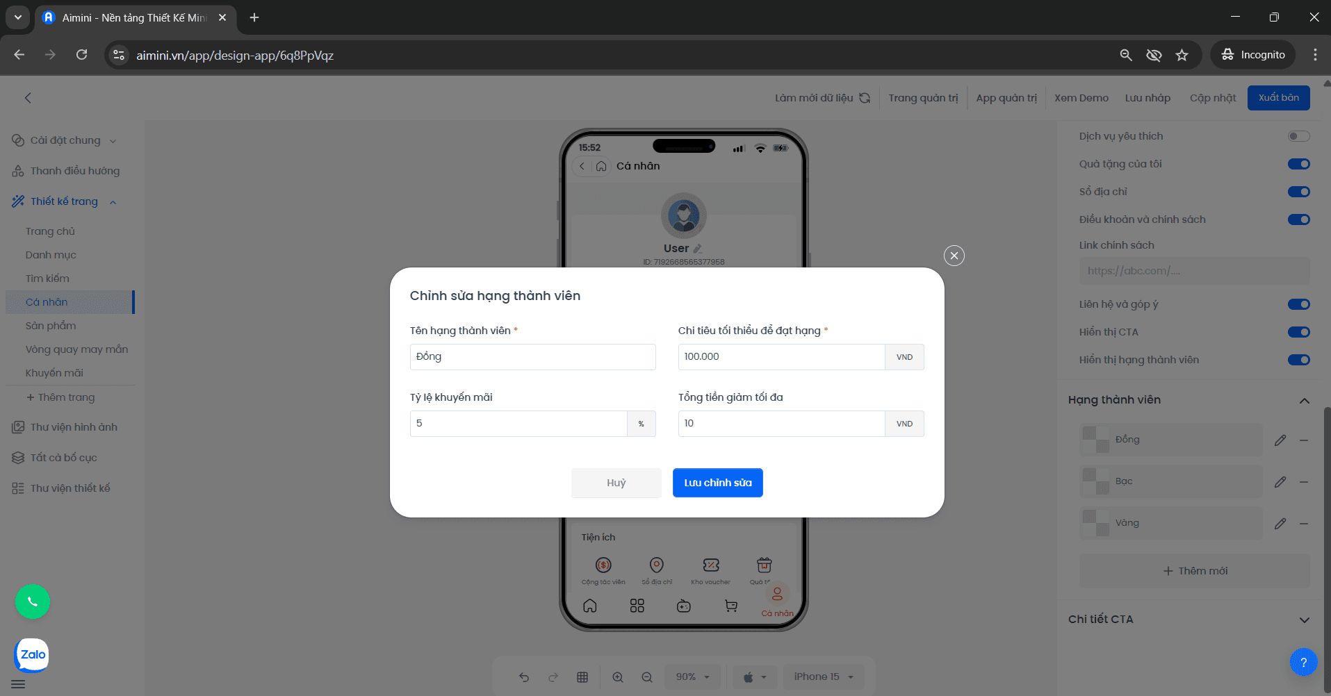 Chỉnh sửa dữ liệu hạng thành viên Giao diện chỉnh sửa thông tin hạng thành viên