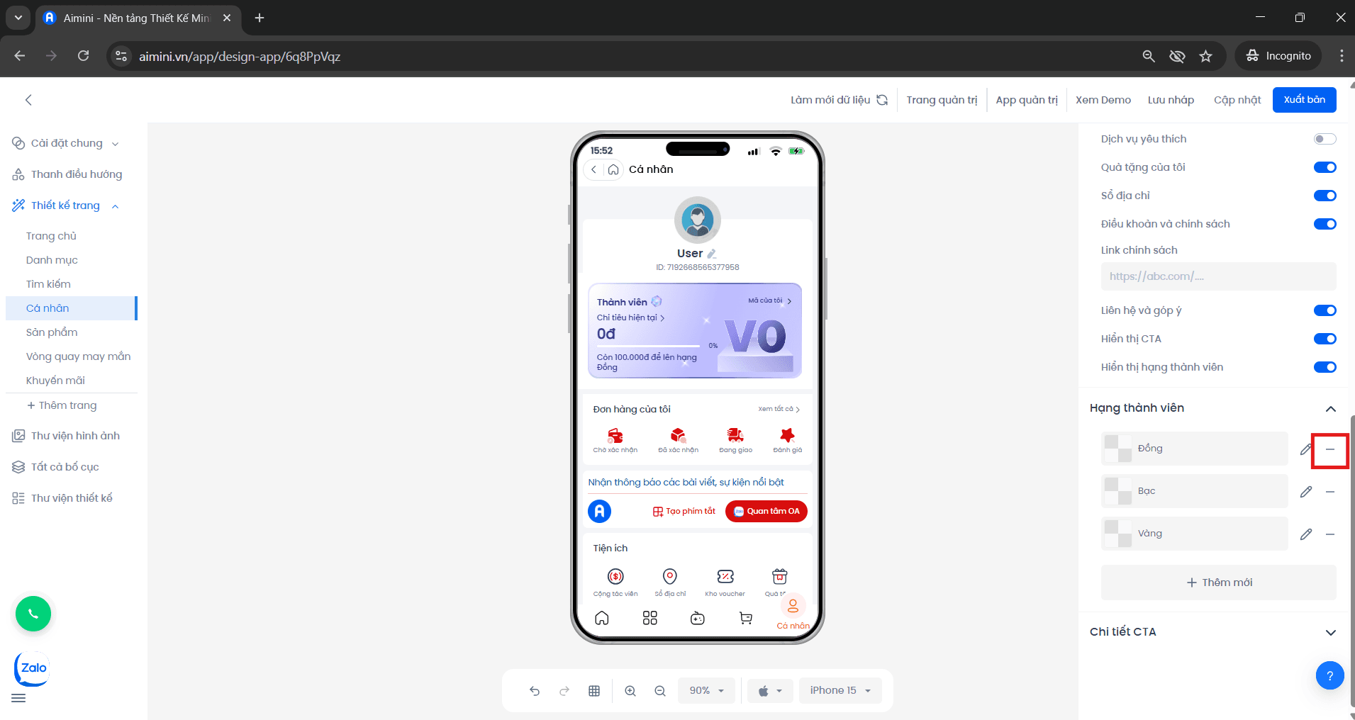 Nút xóa dữ liệu Nút xóa dữ liệu hạng thành viên trong giao diện Loyalty