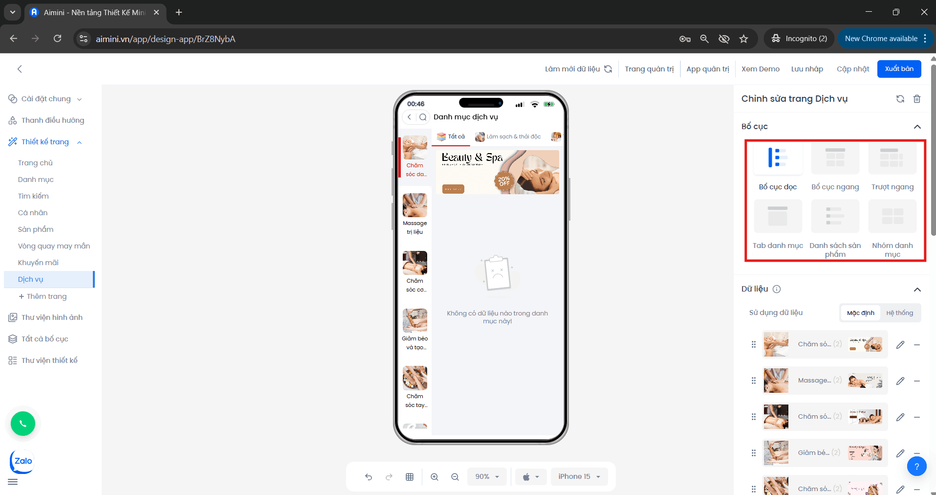 Bố cục Booking Các kiểu bố cục hiển thị Booking: dọc, ngang, trượt ngang, tab danh mục, danh sách, nhóm danh mục