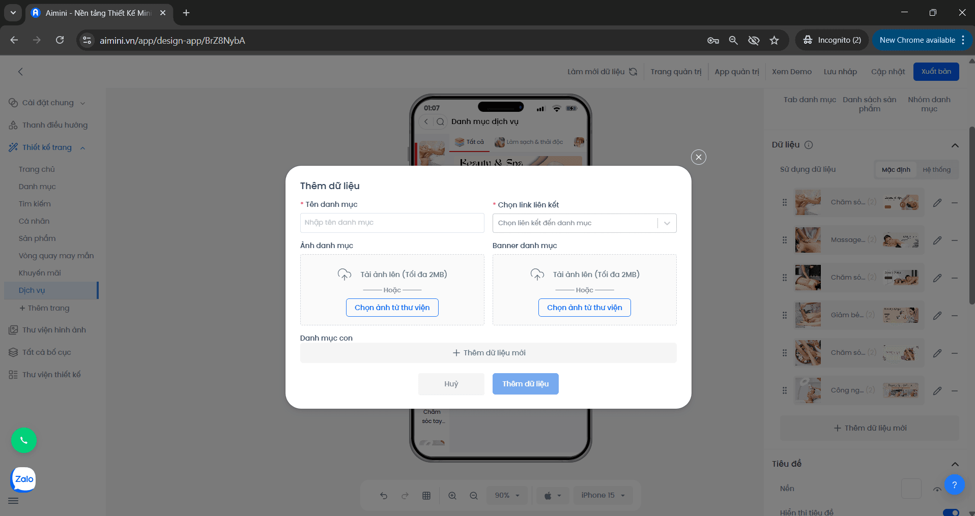 Thêm dữ liệu danh mục Booking Giao diện nhập thông tin danh mục, banner và danh mục con cho Booking