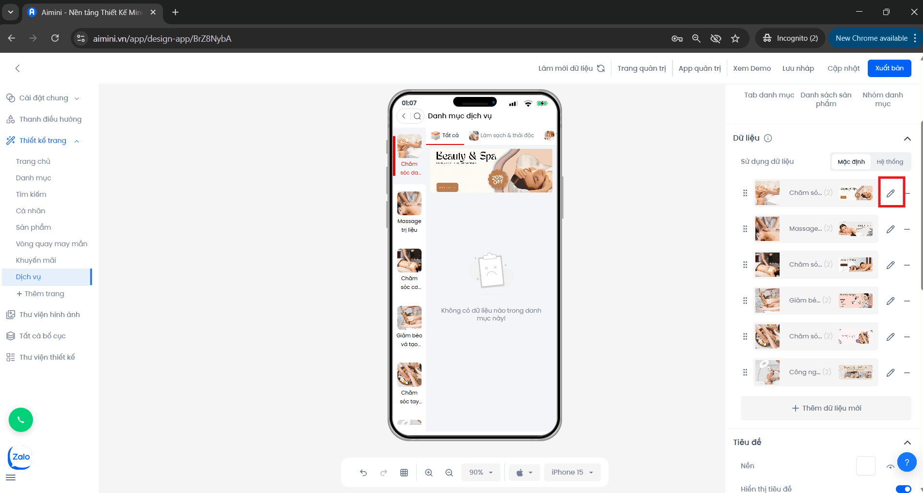 Nút chỉnh sửa danh mục Nút chỉnh sửa danh mục Booking trong giao diện quản lý