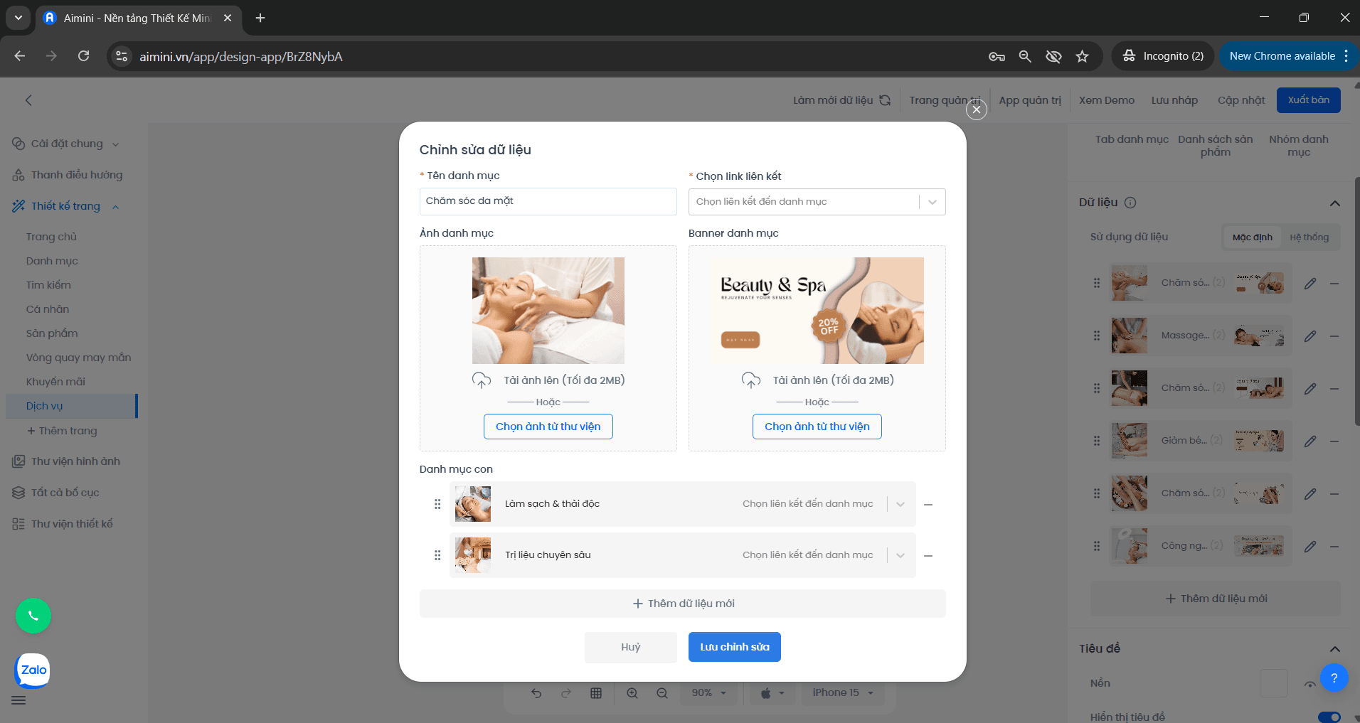 Trang chỉnh sửa dữ liệu Giao diện chỉnh sửa danh mục, ảnh và danh mục con trong Booking