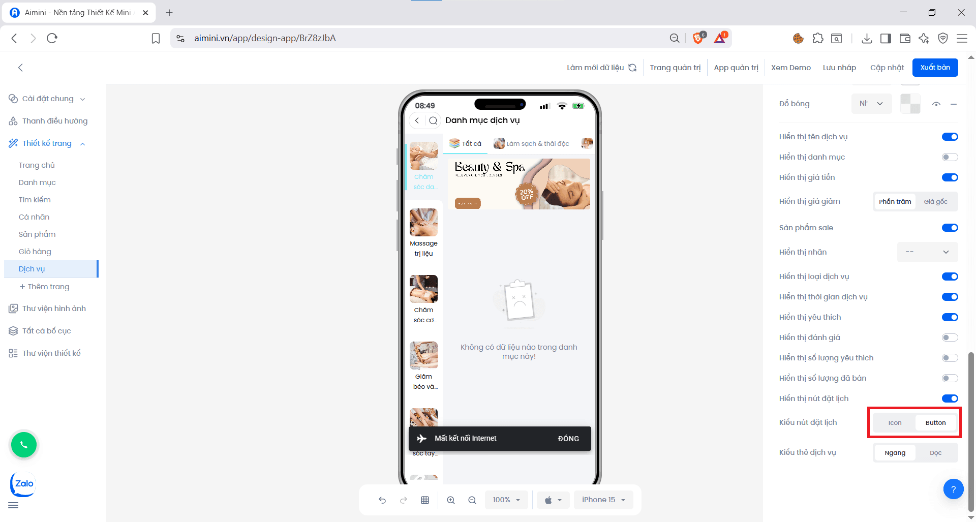 Kiểu nút đặt lịch Tùy chọn hiển thị nút đặt lịch dạng icon hoặc button trong Booking