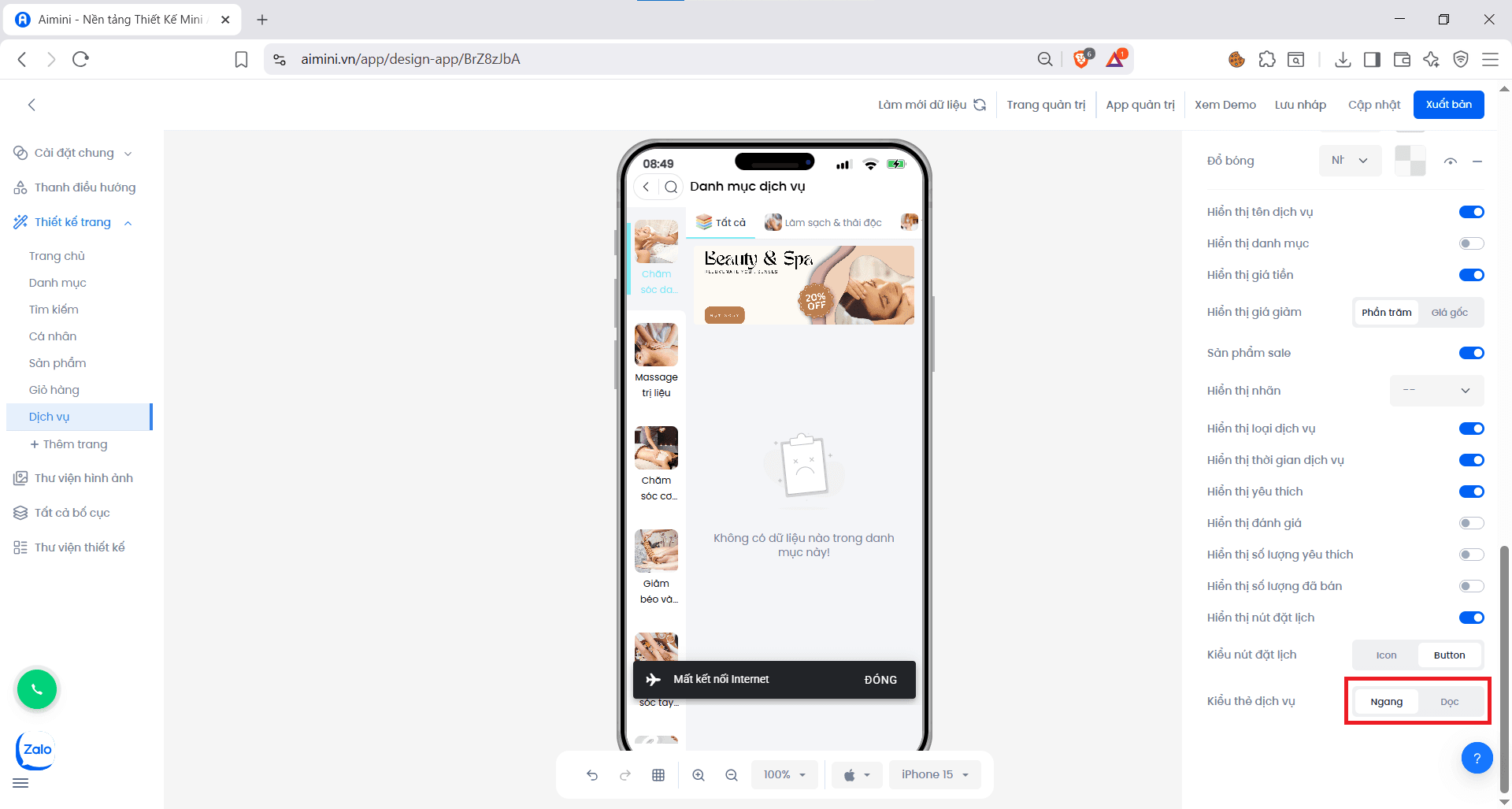 Kiểu thẻ dịch vụ Tùy chọn thẻ dịch vụ hiển thị theo chiều ngang hoặc dọc