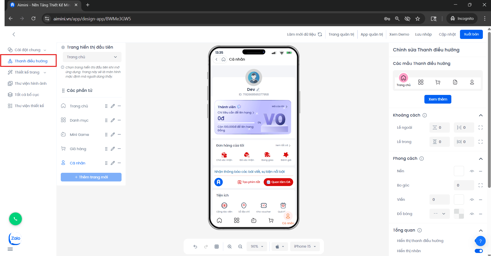 Giao diện thanh Navigation Bar trong bảng quản trị