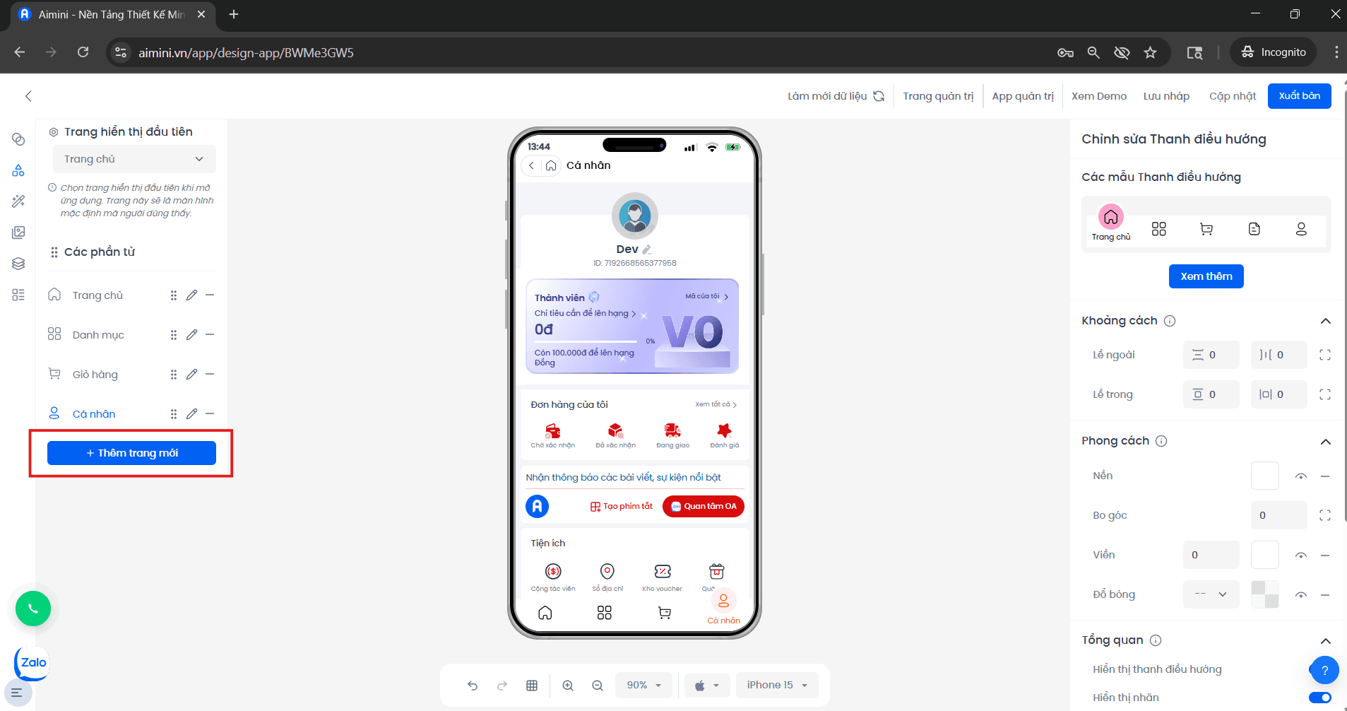 Nút thêm trang mới trong giao diện Navigation Bar