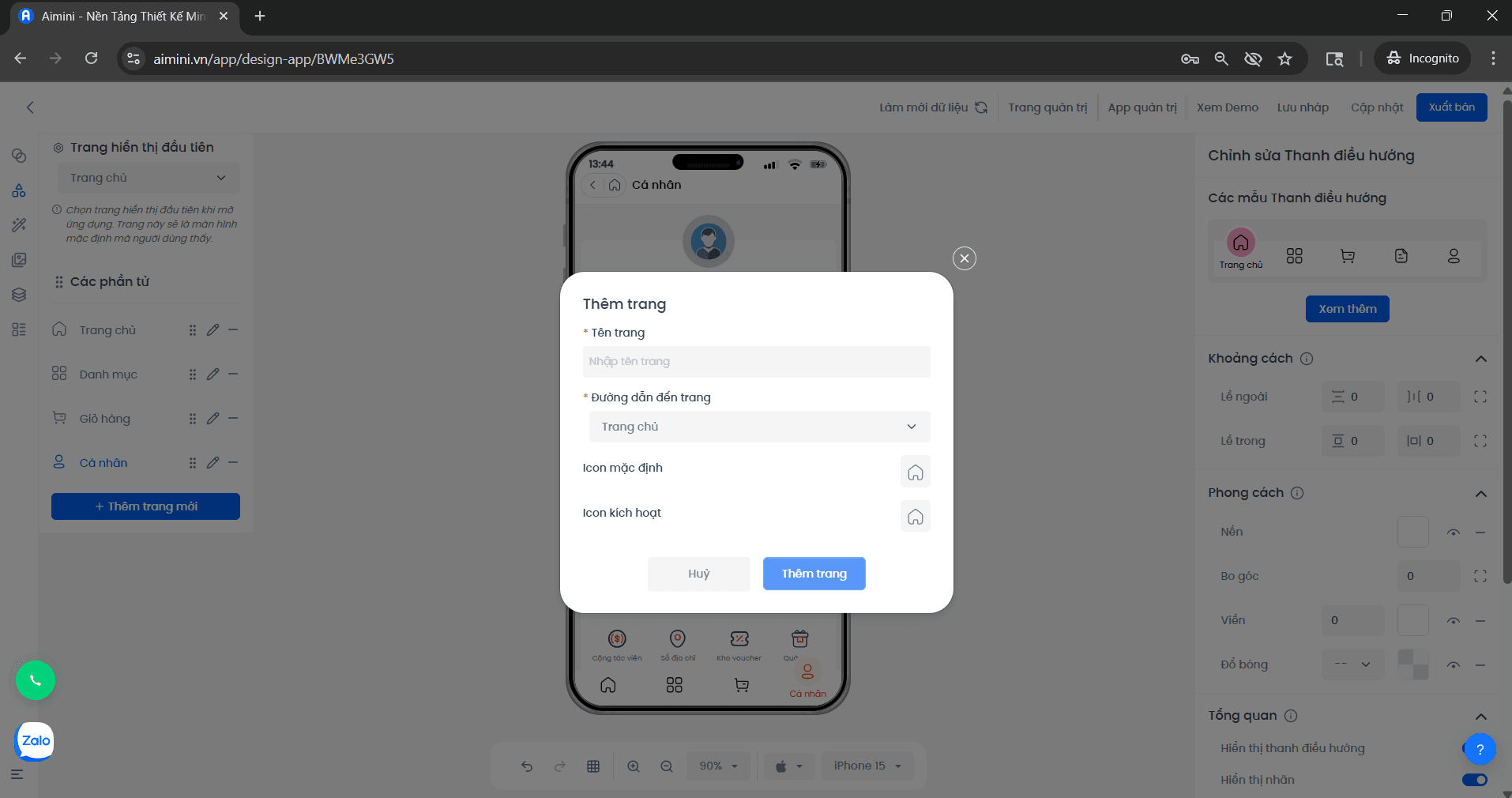 Form nhập thông tin trang trong Navigation Bar