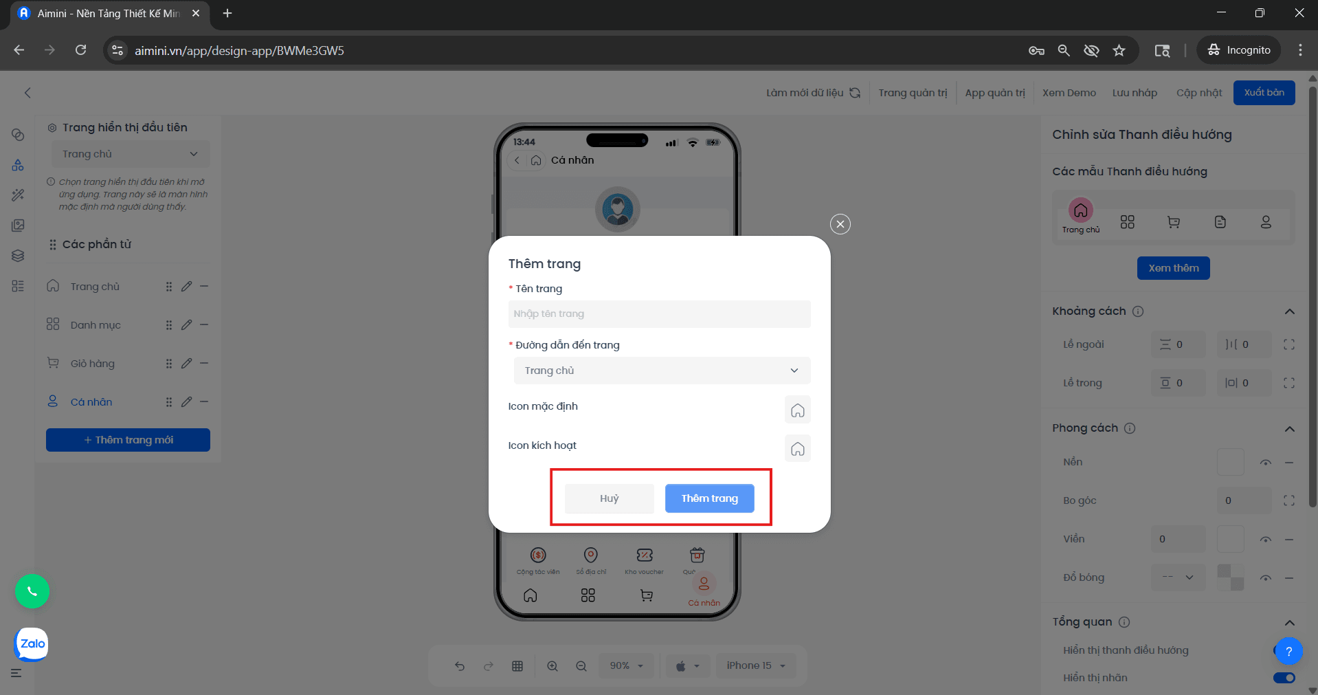 Xác nhận thêm trang mới trong Navigation Bar