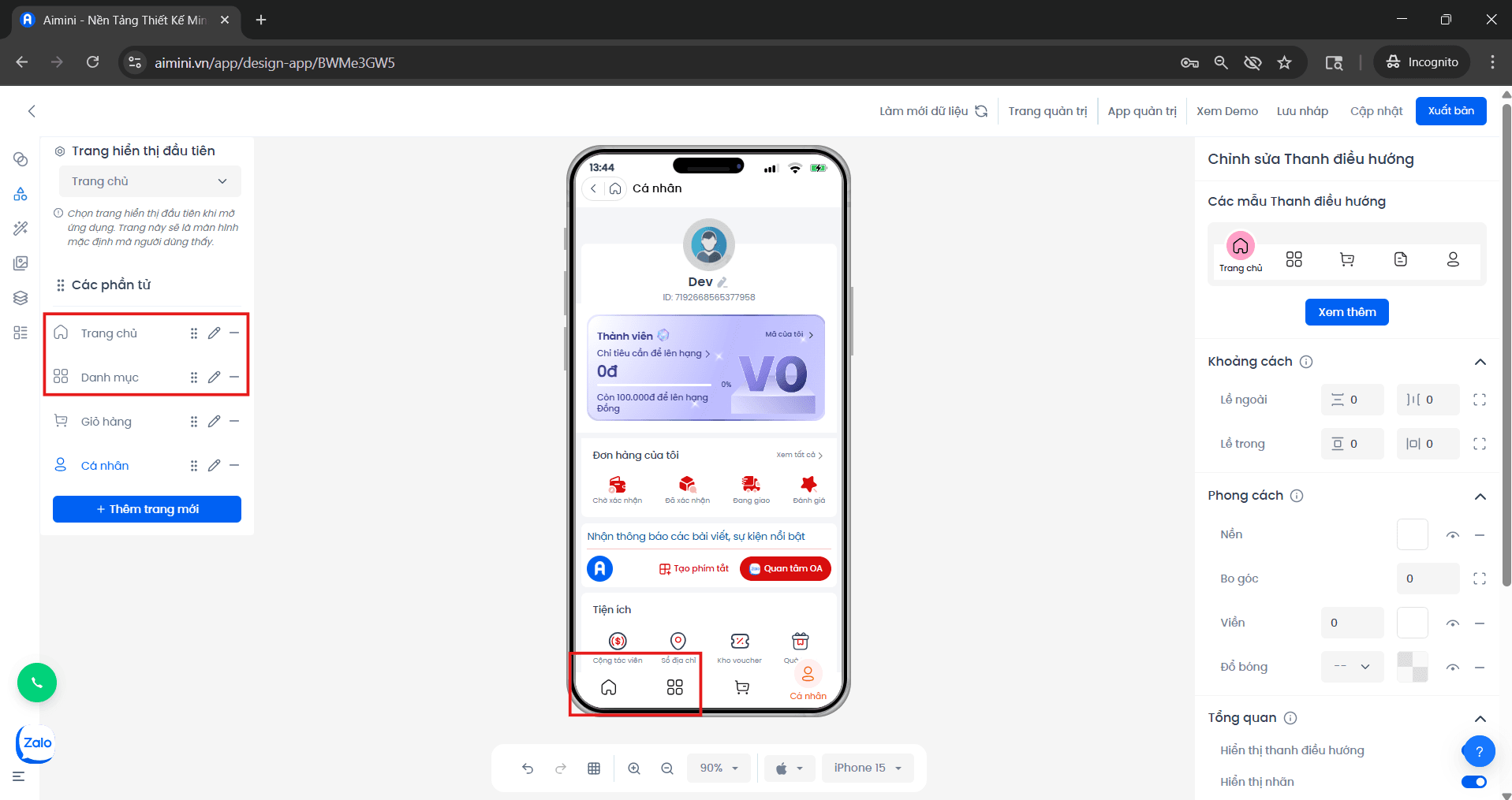 Thay đổi vị trí các trang trên Navigation Bar