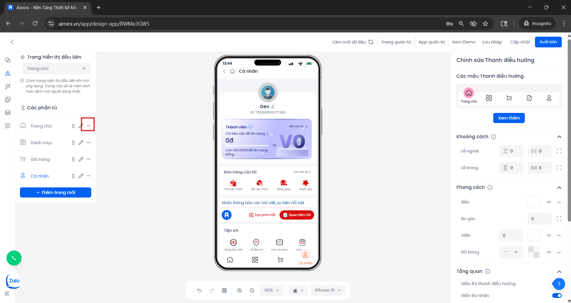 Nút xóa trang trong Navigation Bar